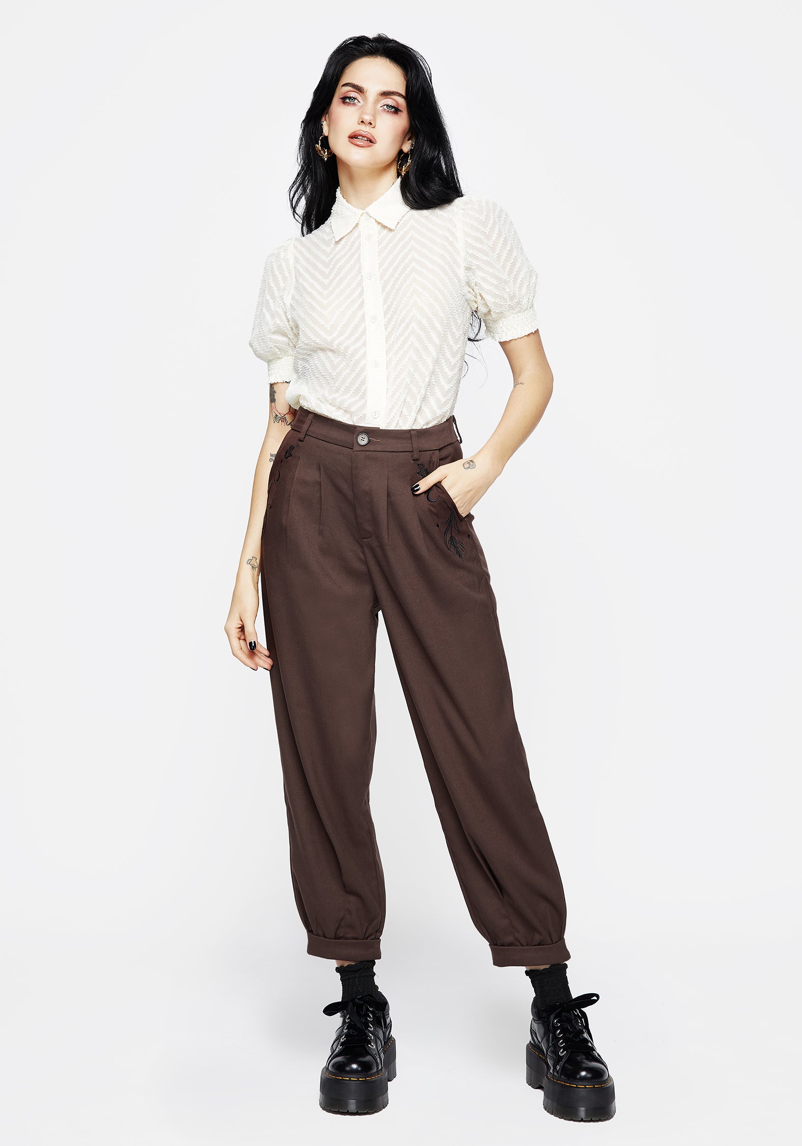 Sheer White Chevron Button-Up Blouse with Puff Sleeves | Brianne