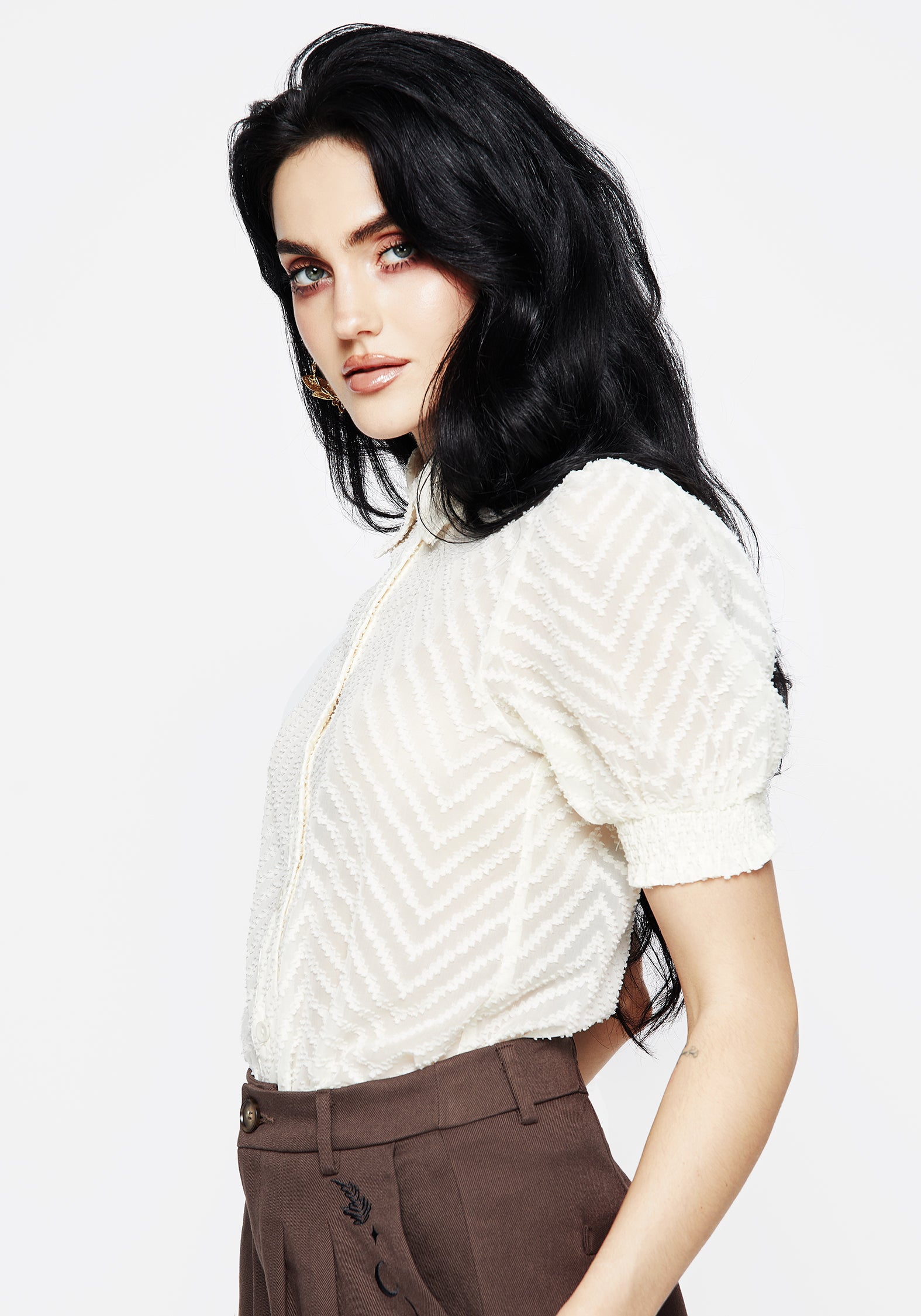 Sheer White Chevron Button-Up Blouse with Puff Sleeves | Brianne