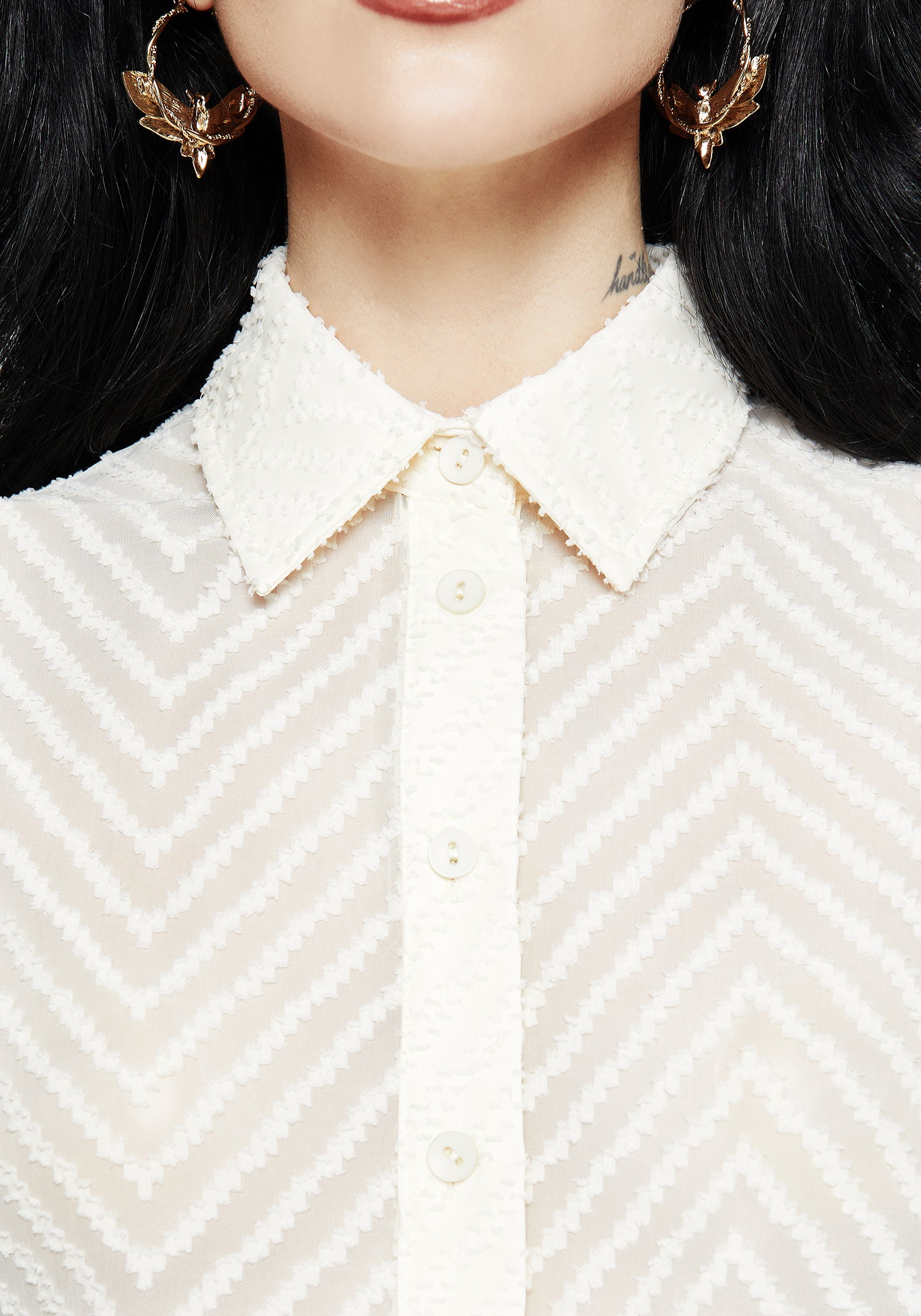 Sheer White Chevron Button-Up Blouse with Puff Sleeves | Brianne