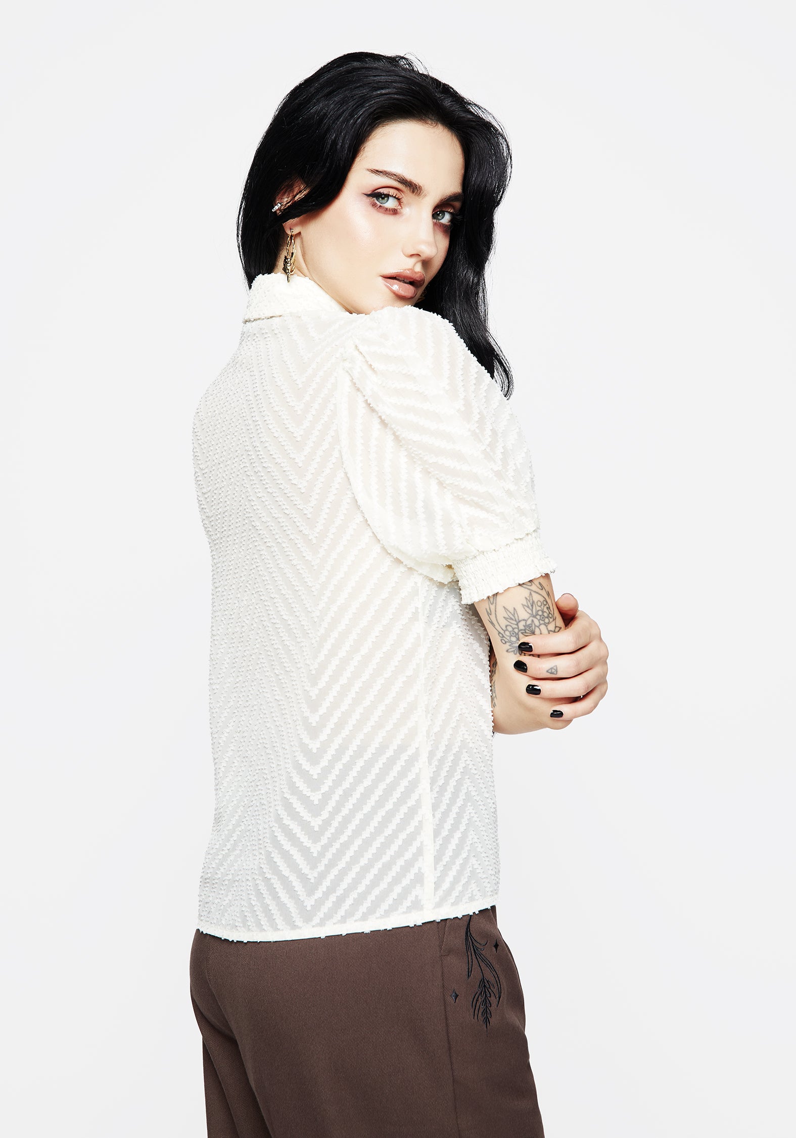 Sheer White Chevron Button-Up Blouse with Puff Sleeves | Brianne