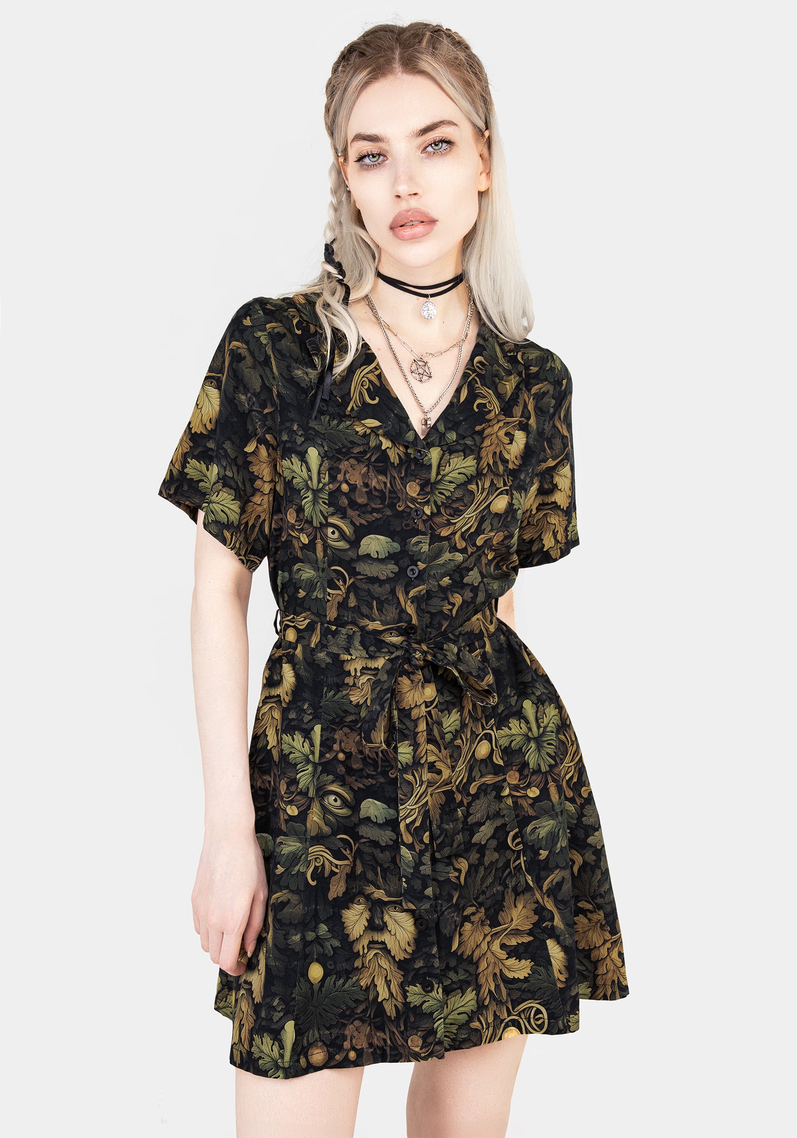 Green Mini Shirt Dress with Belt & Pockets | Rebirth Floral Print