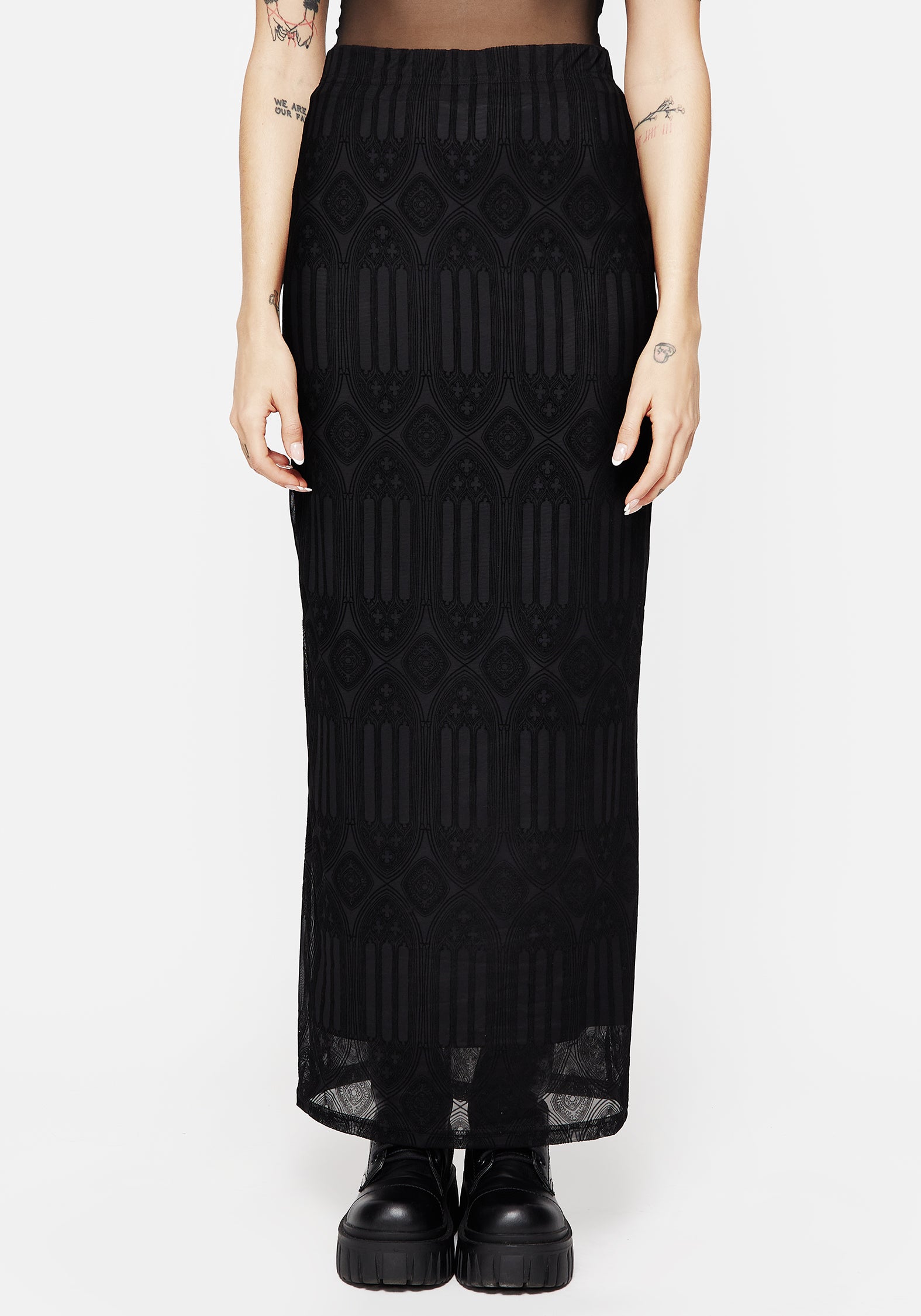 Gothic Flocked Mesh Maxi Skirt with Sheer Lining | Cloister