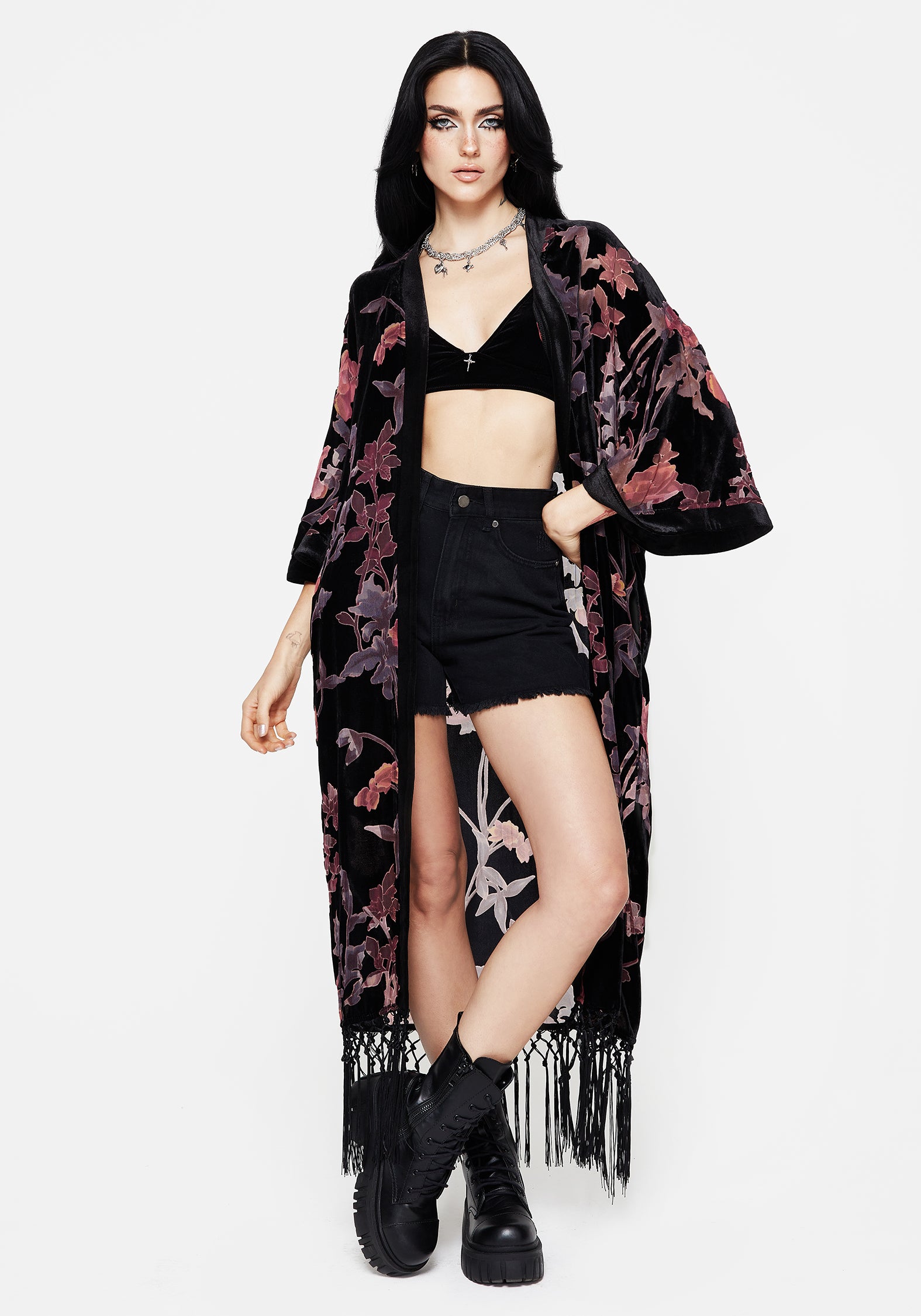 Floral Burnout Velour Kimono with Fringe Trim | Waterlily
