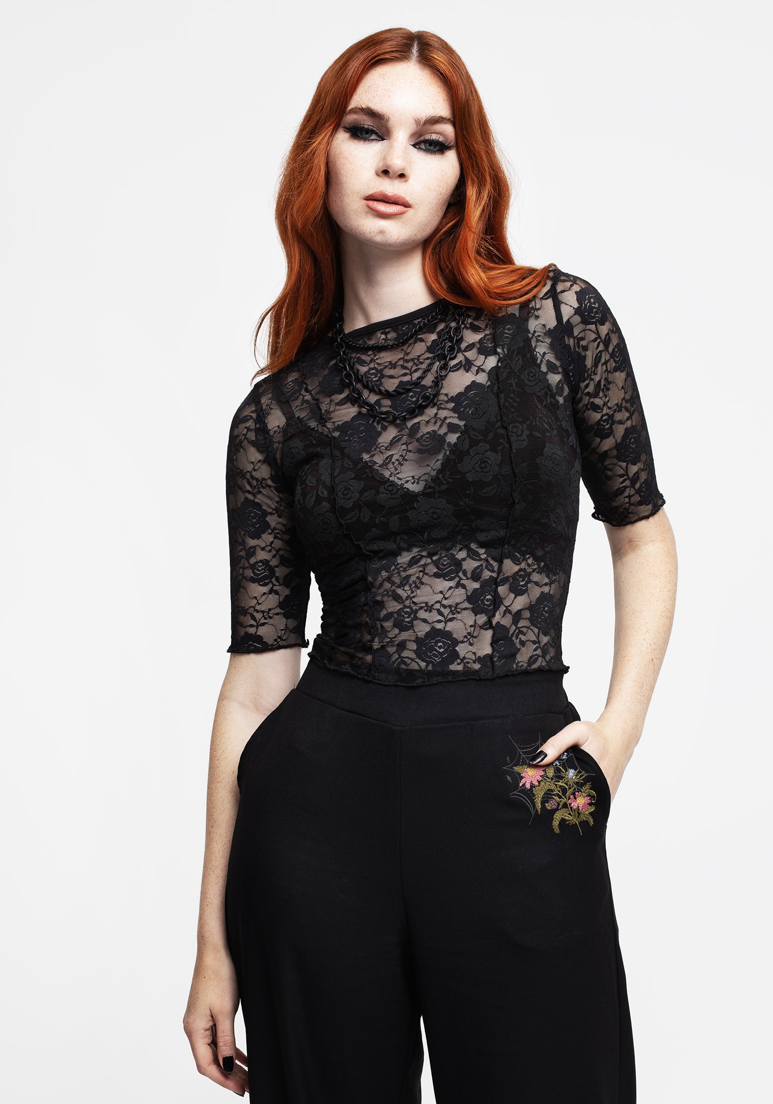 Black Floral Lace Crop Top with Sheer Design & Slim Fit | Anthos