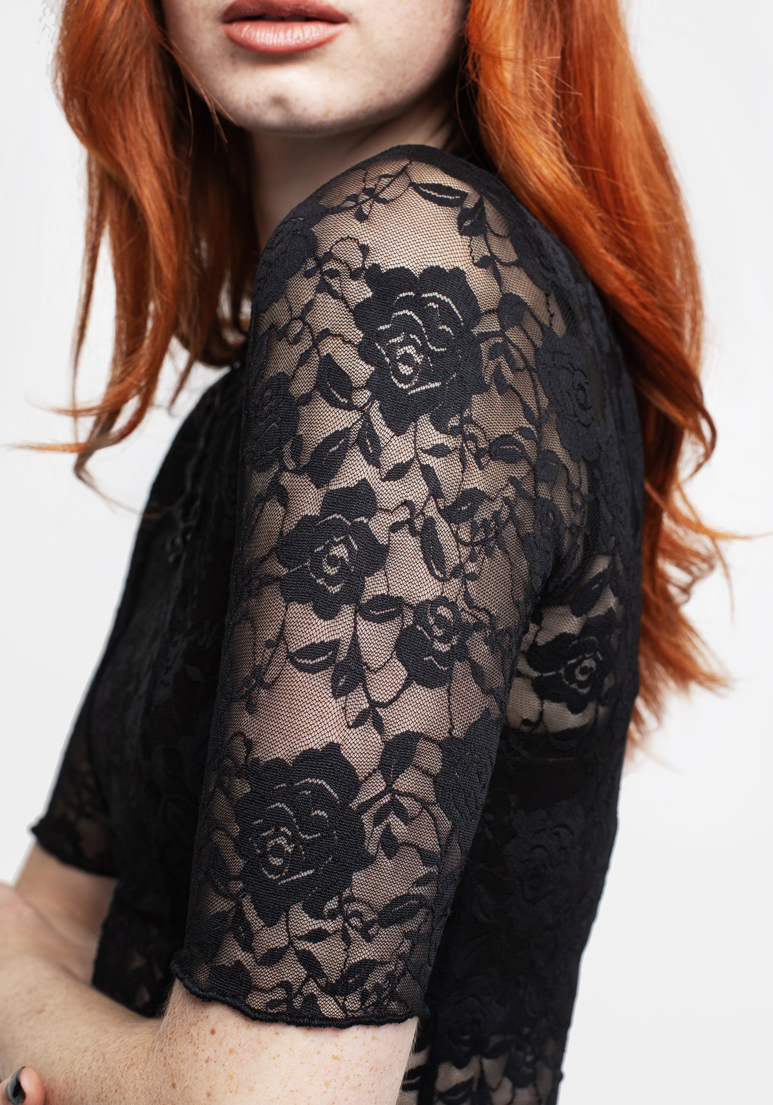 Black Floral Lace Crop Top with Sheer Design & Slim Fit | Anthos