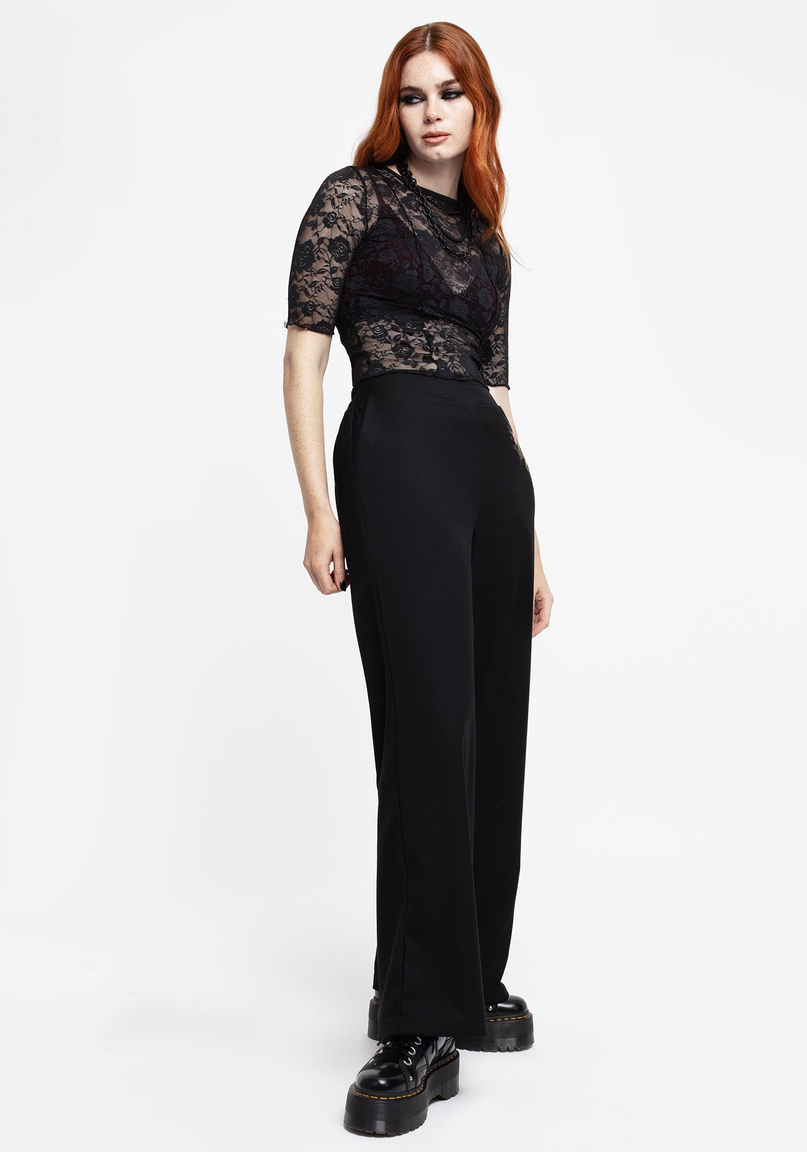 Black Floral Lace Crop Top with Sheer Design & Slim Fit | Anthos