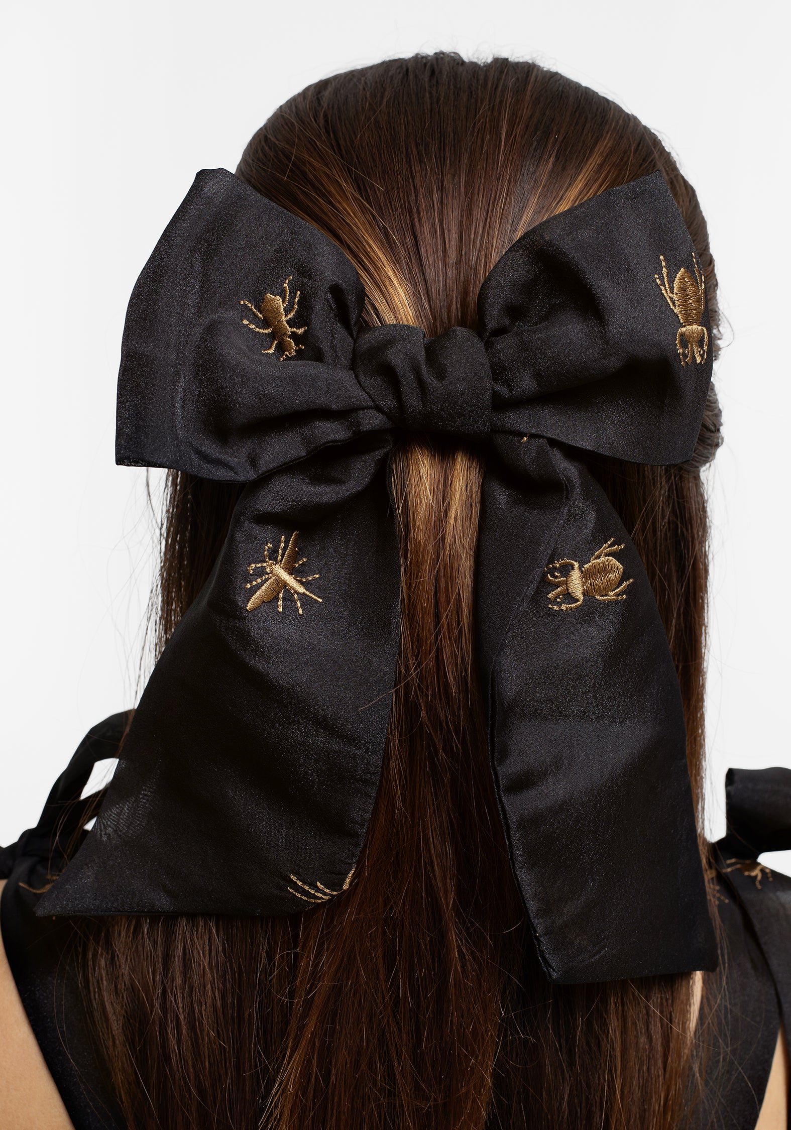 Embroidered Bug Hair Clip | Black Organza Bow Barrette