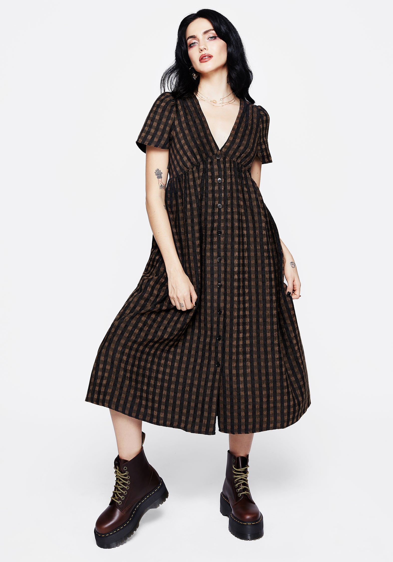 Brown Check Button-Up Midi Dress with Puff Sleeves & Pockets | Rydal