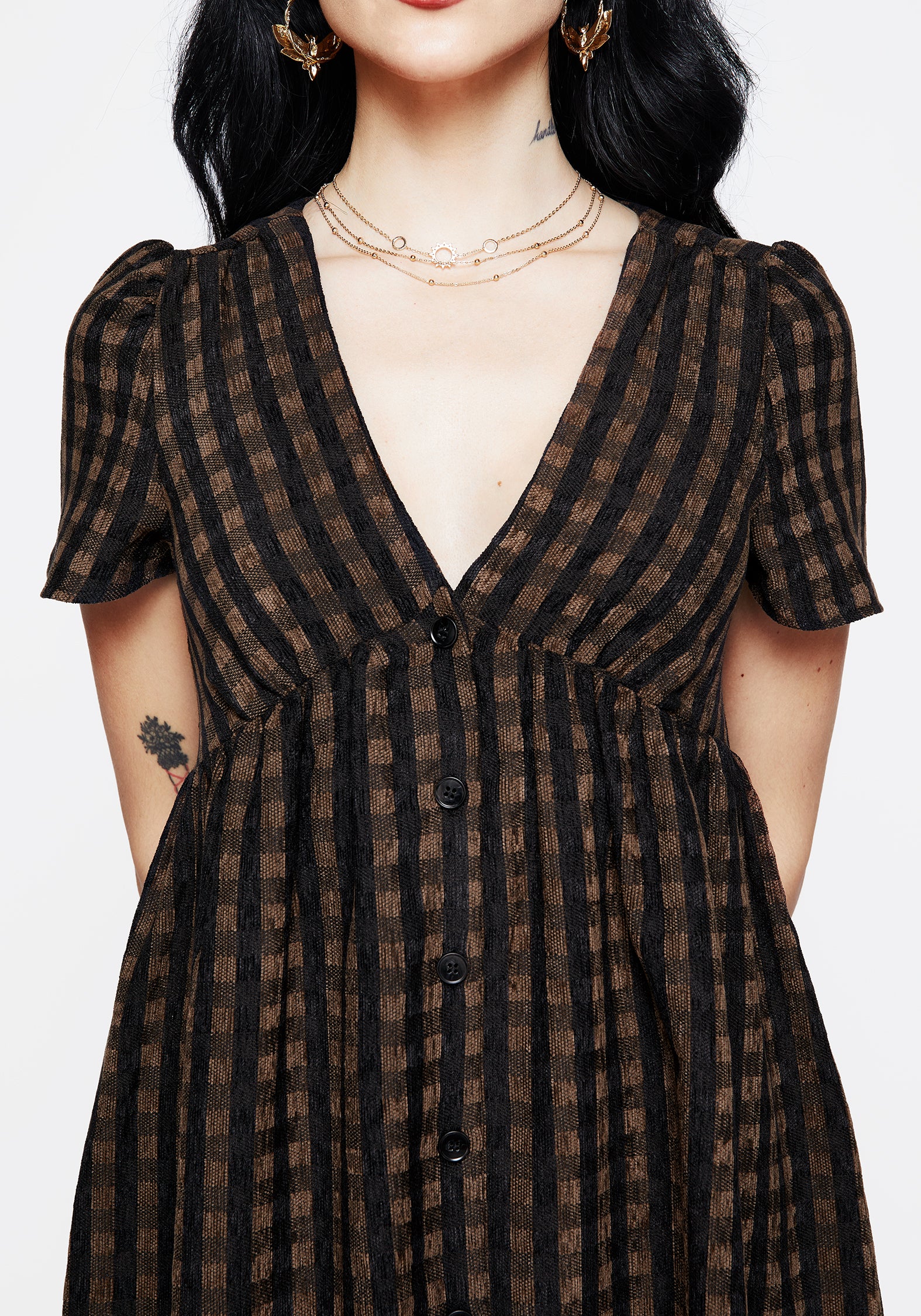 Brown Check Button-Up Midi Dress with Puff Sleeves & Pockets | Rydal