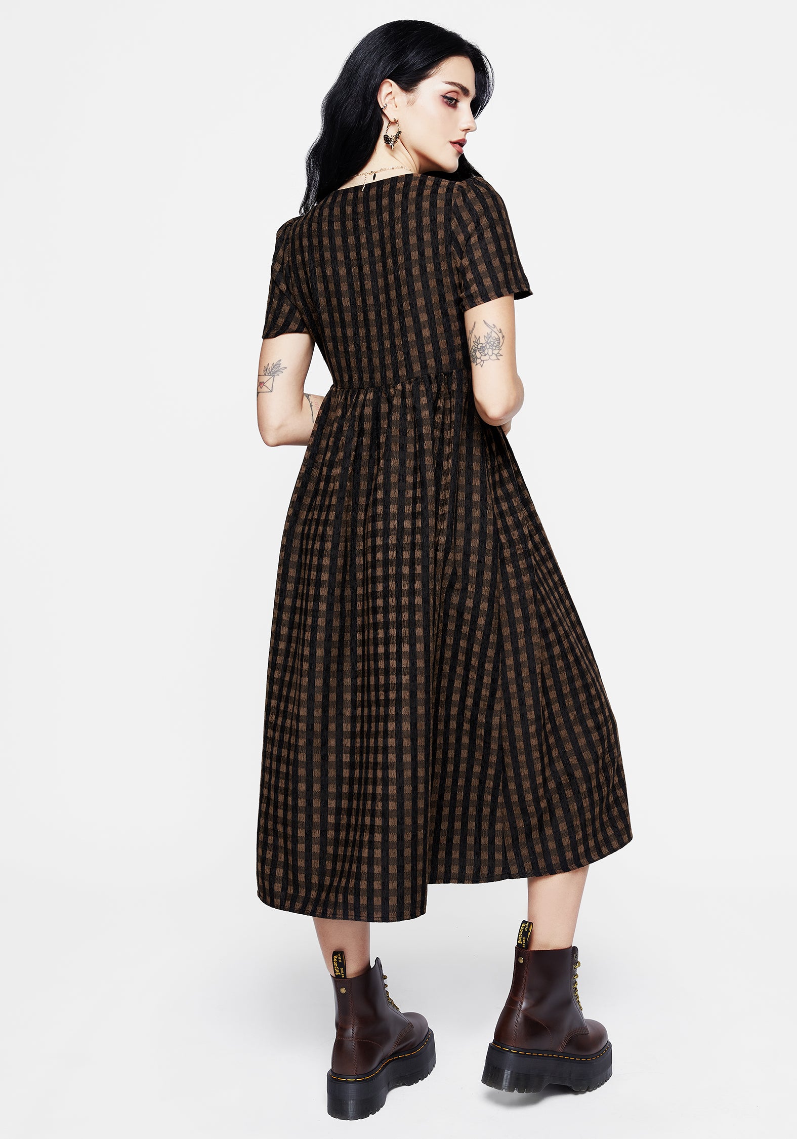 Brown Check Button-Up Midi Dress with Puff Sleeves & Pockets | Rydal