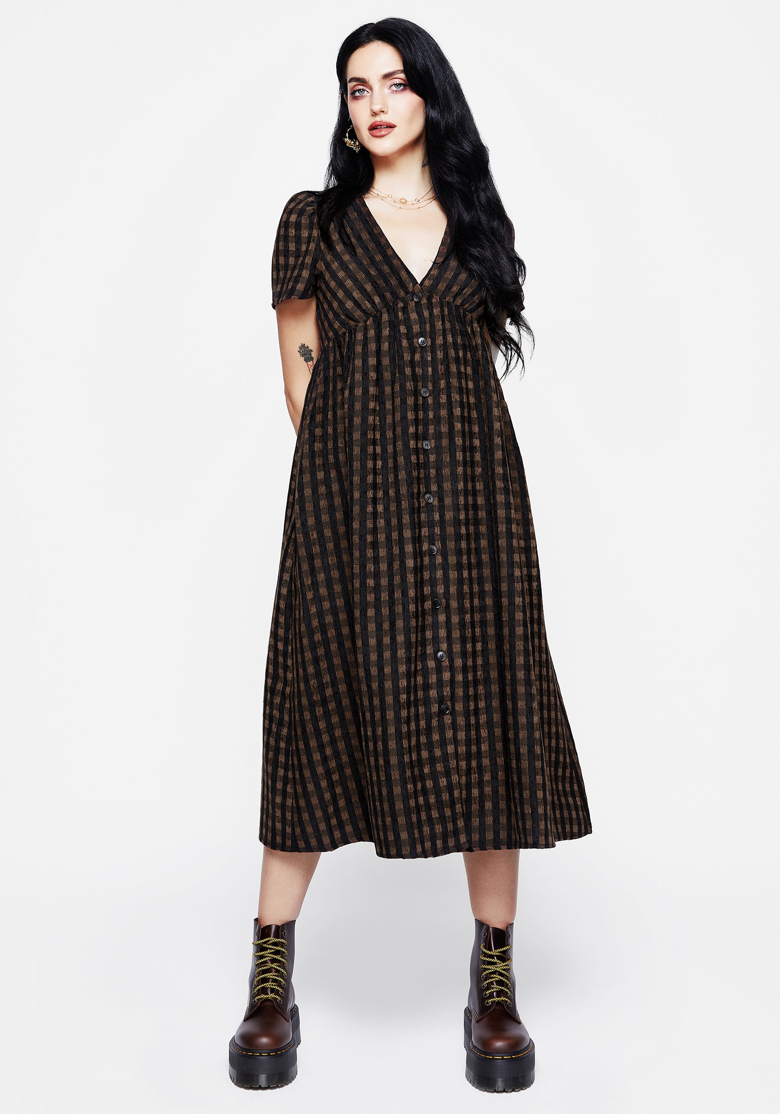 Brown Check Button-Up Midi Dress with Puff Sleeves & Pockets | Rydal