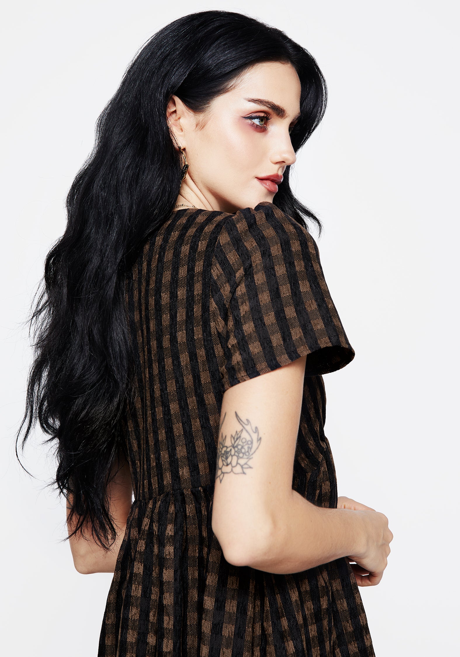 Brown Check Button-Up Midi Dress with Puff Sleeves & Pockets | Rydal