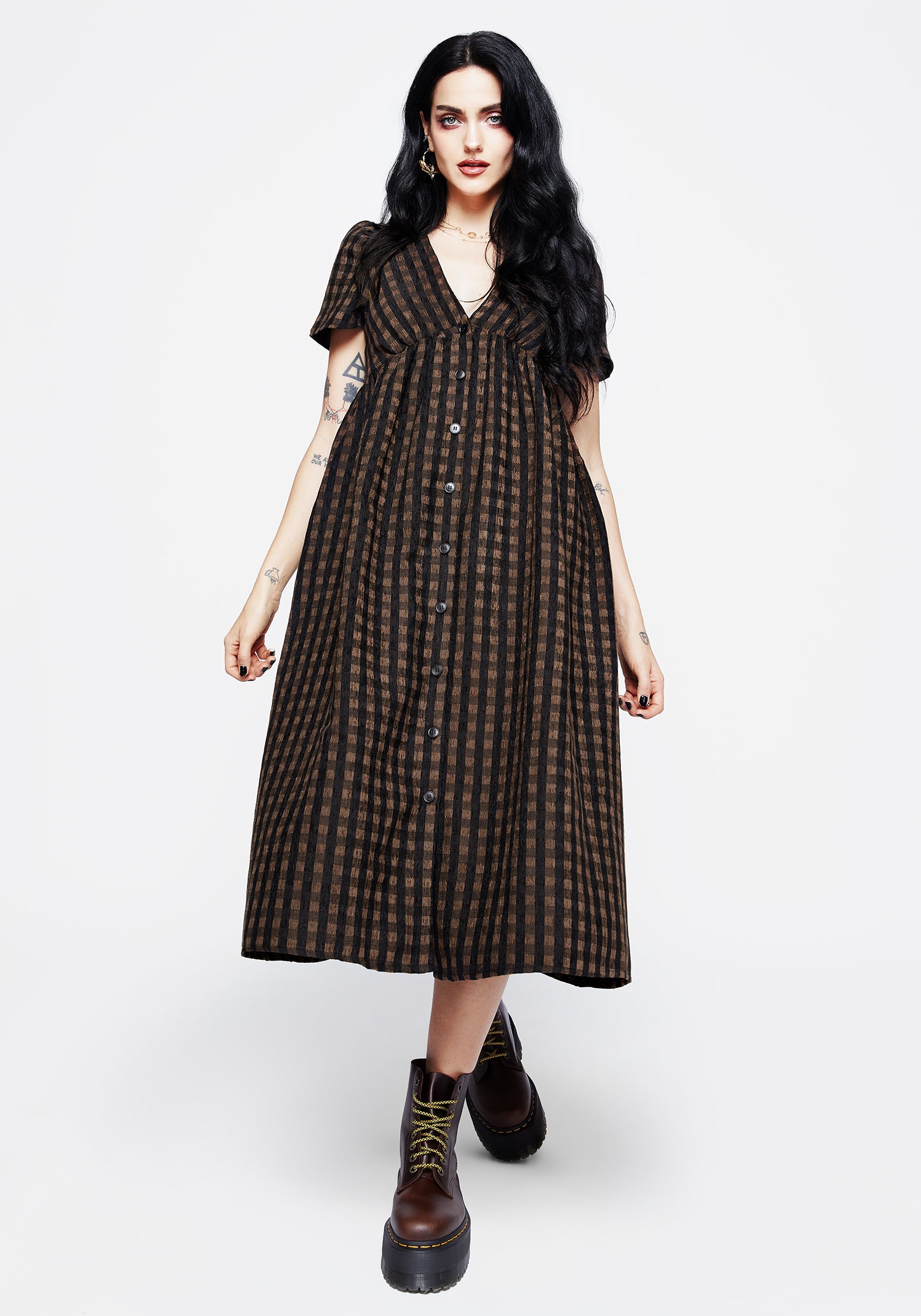 Brown Check Button-Up Midi Dress with Puff Sleeves & Pockets | Rydal