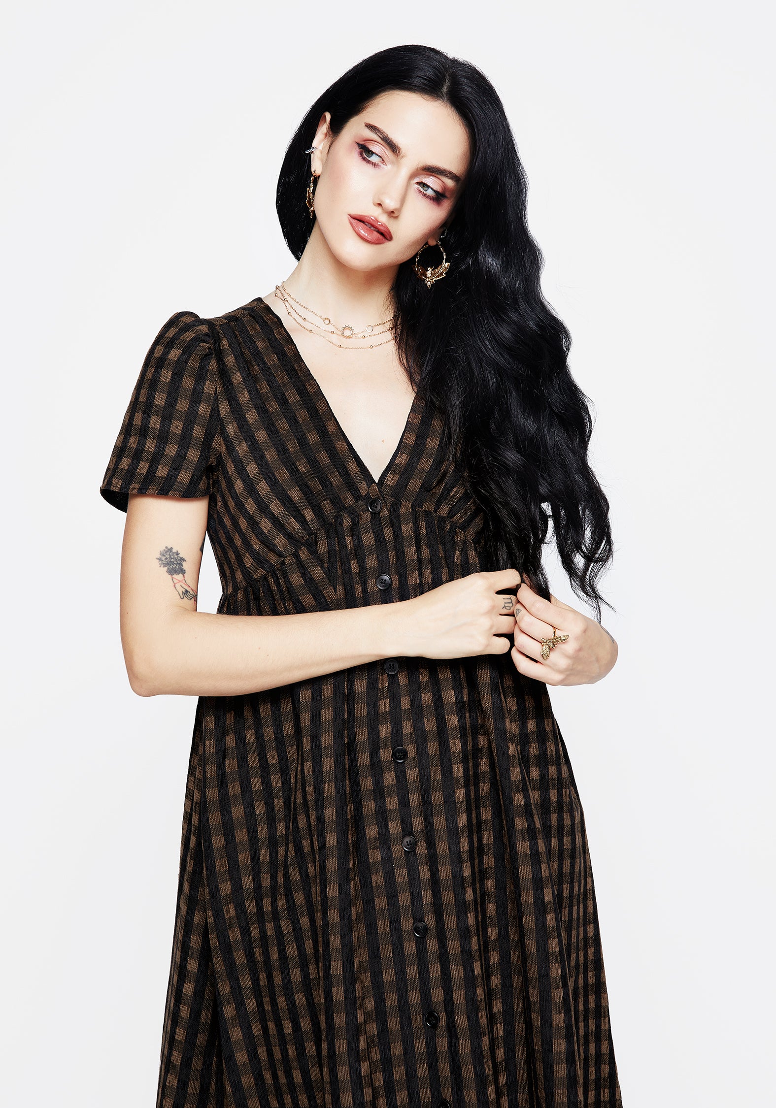 Brown Check Button-Up Midi Dress with Puff Sleeves & Pockets | Rydal