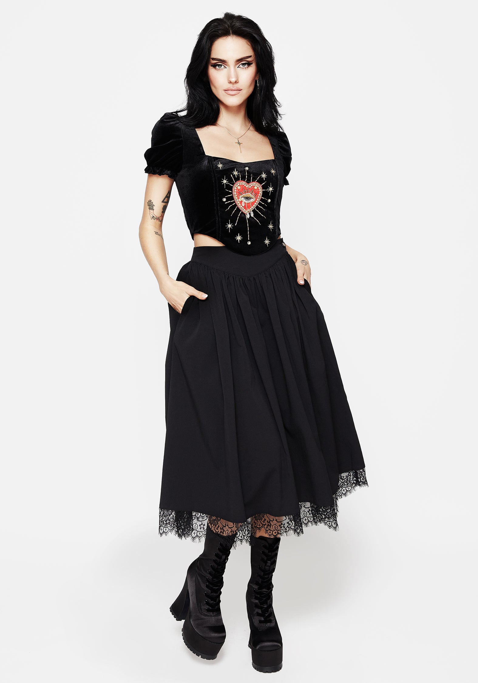Black Lace-Trimmed Midi Skirt with Pockets | Alcina
