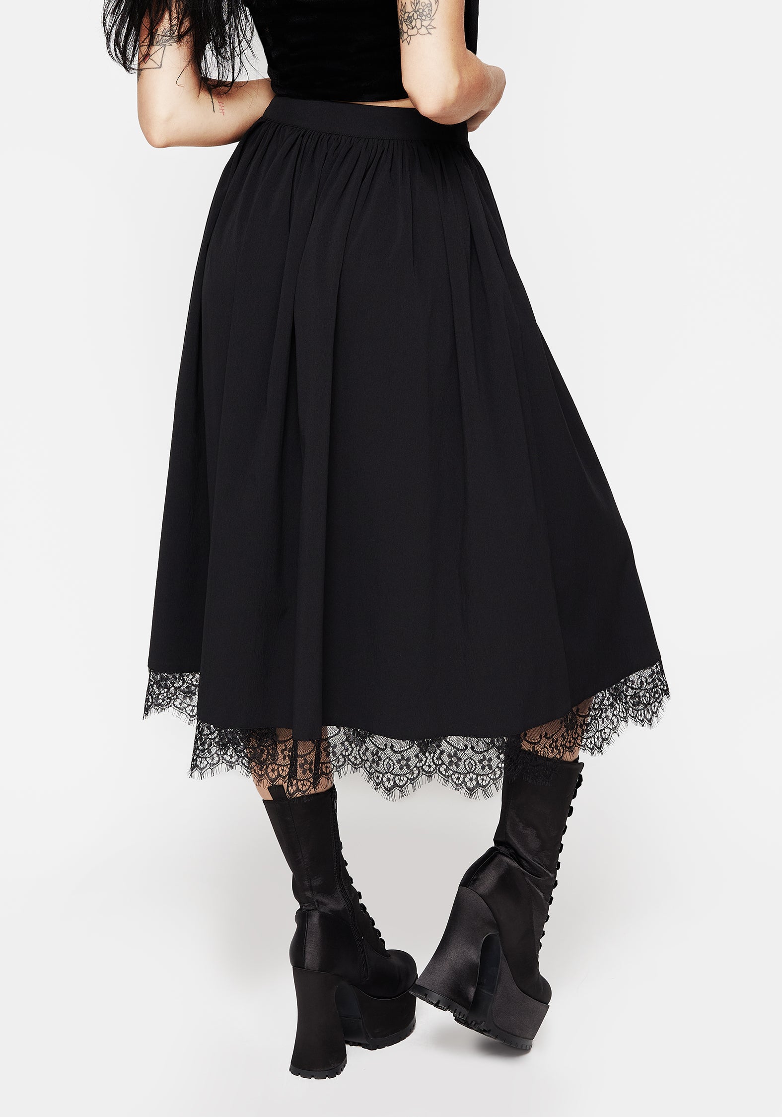 Black Lace-Trimmed Midi Skirt with Pockets | Alcina