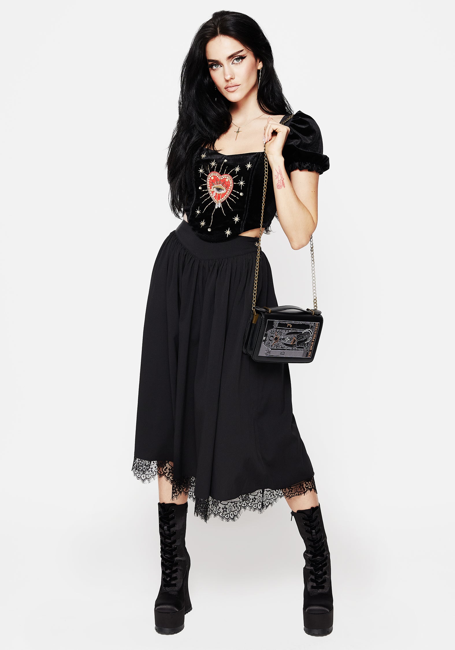 Black Lace-Trimmed Midi Skirt with Pockets | Alcina