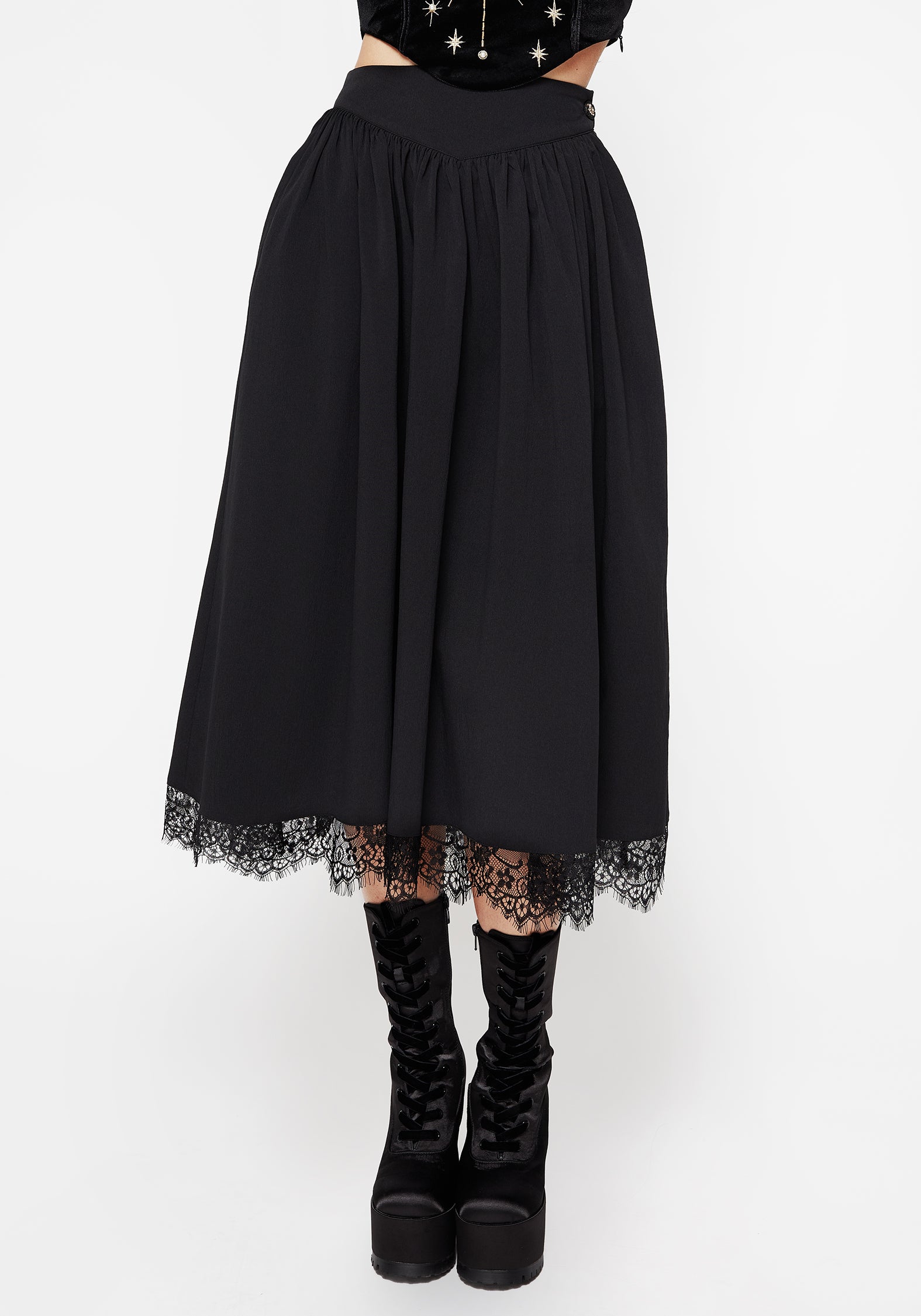 Black Lace-Trimmed Midi Skirt with Pockets | Alcina