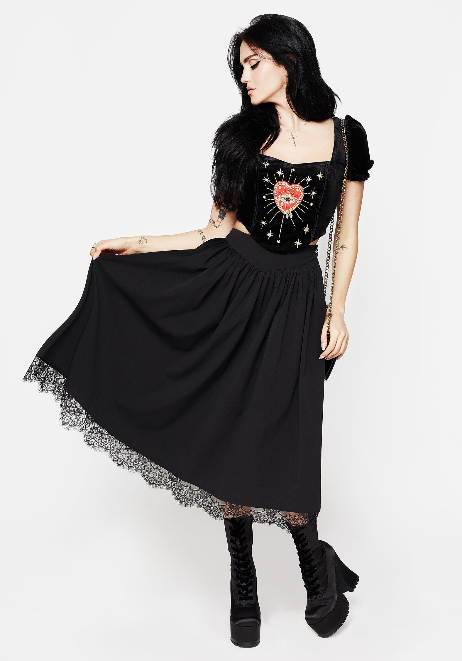 Black Lace-Trimmed Midi Skirt with Pockets | Alcina