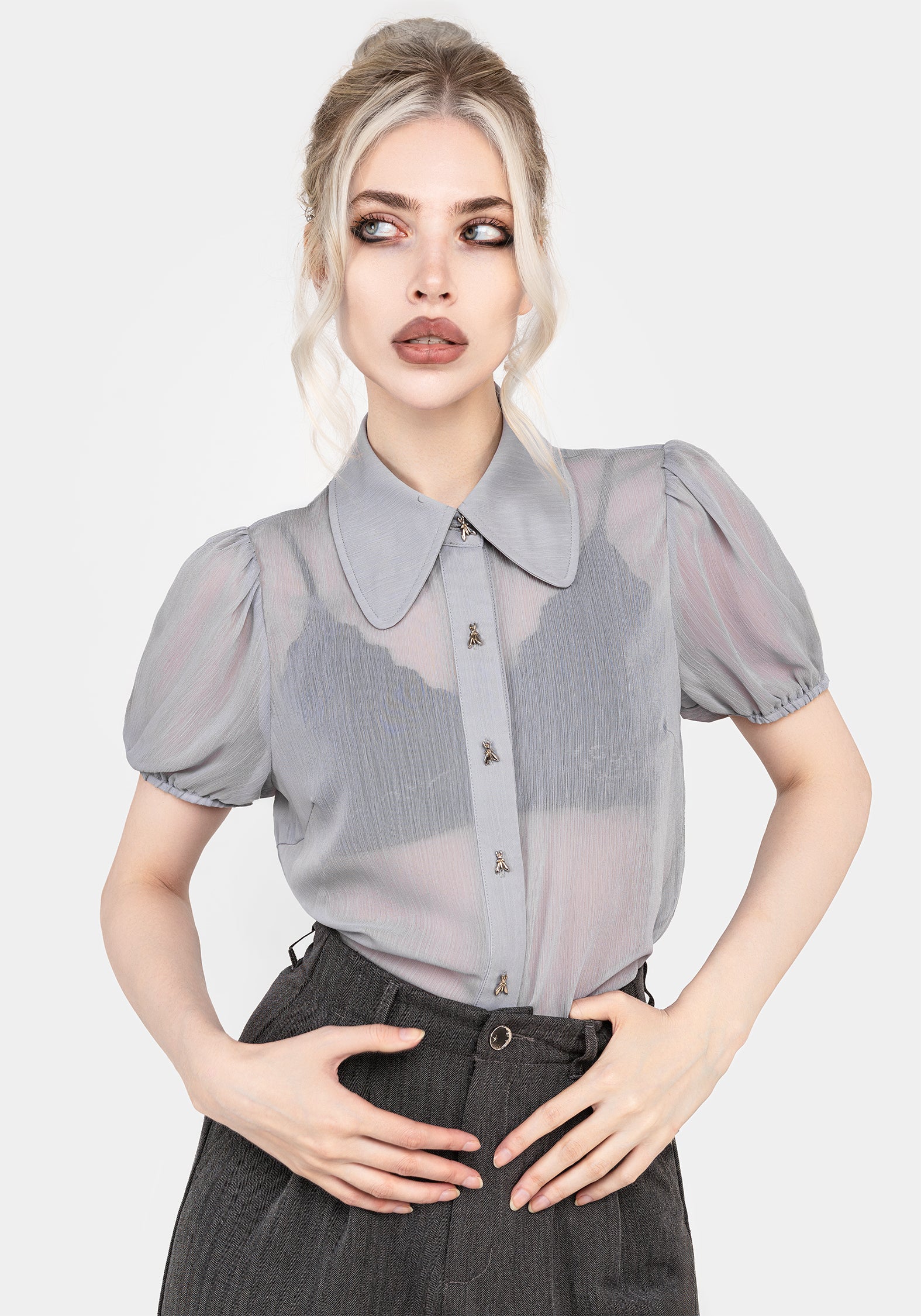 Blue Chiffon Button-Up Blouse with Puff Sleeves | Periwinkle Top