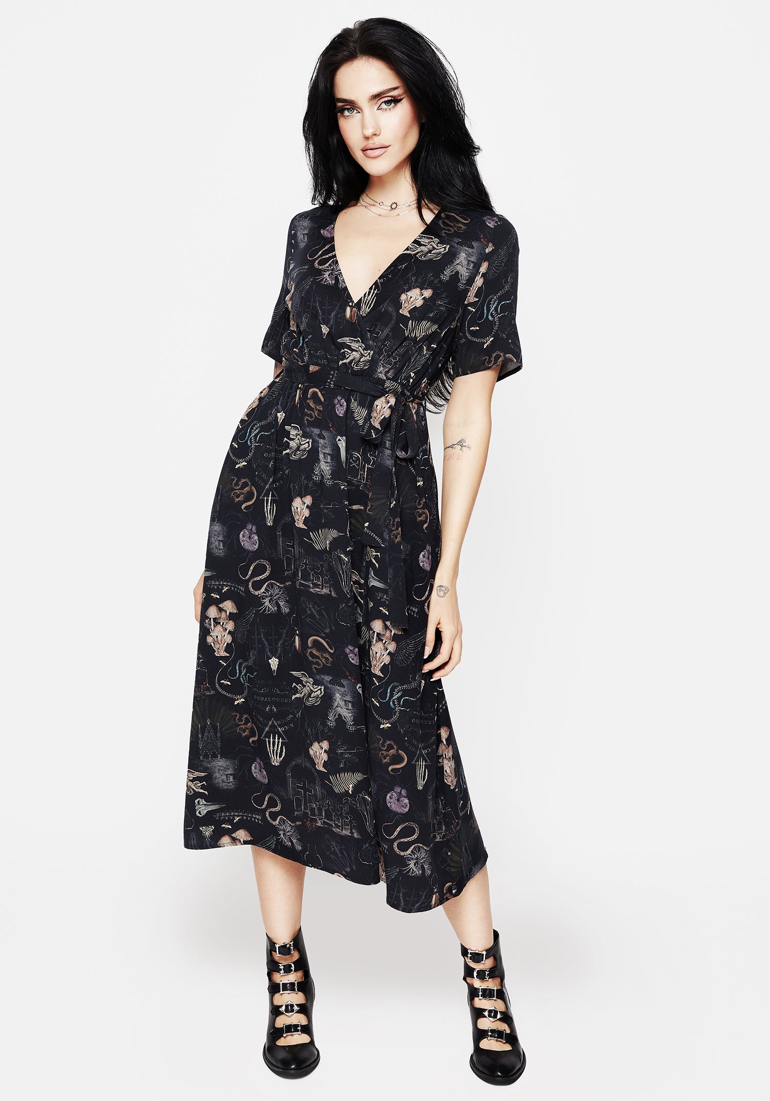 Gothic Victoriana Print Midi Wrap Dress | Eco-Viscose