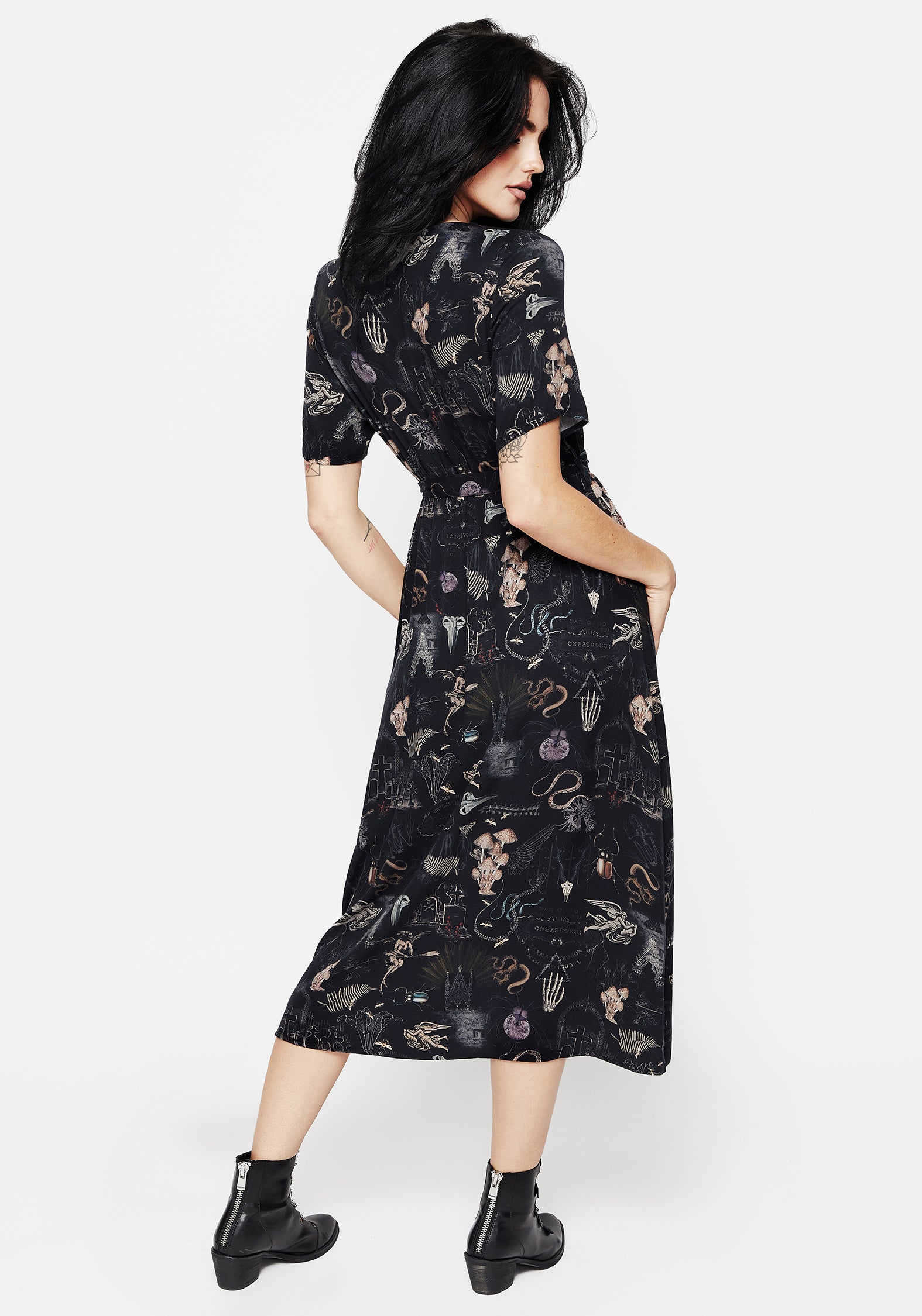 Gothic Victoriana Print Midi Wrap Dress | Eco-Viscose