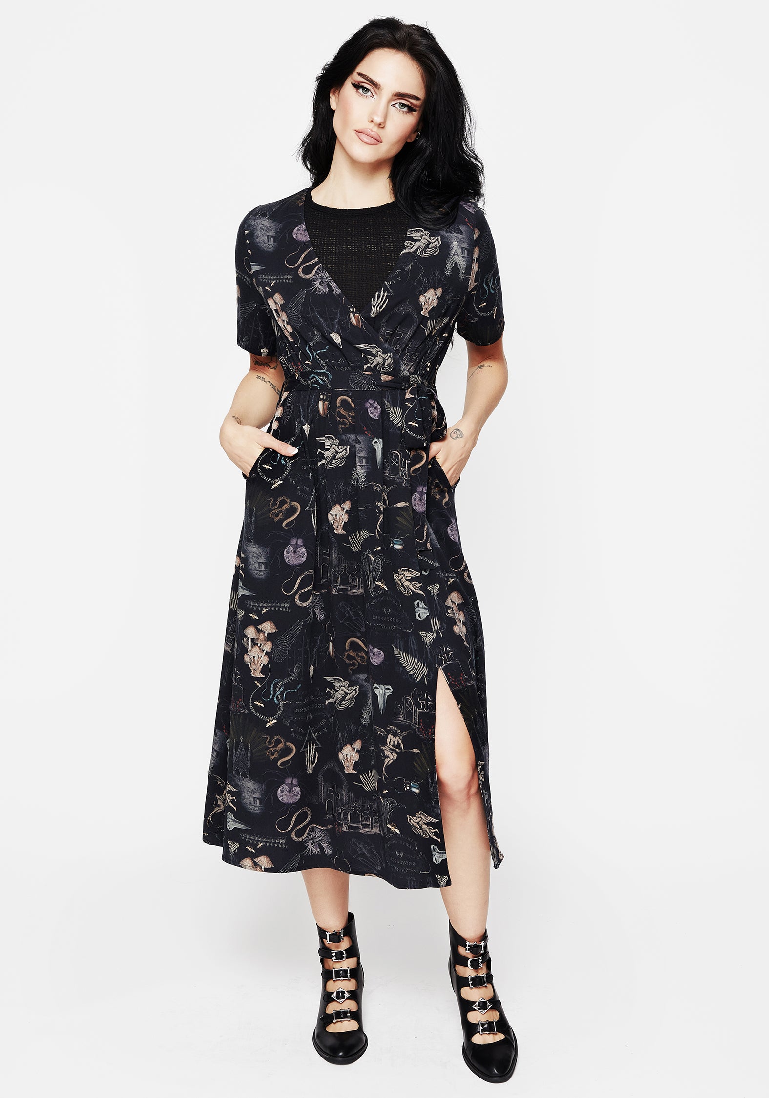 Gothic Victoriana Print Midi Wrap Dress | Eco-Viscose