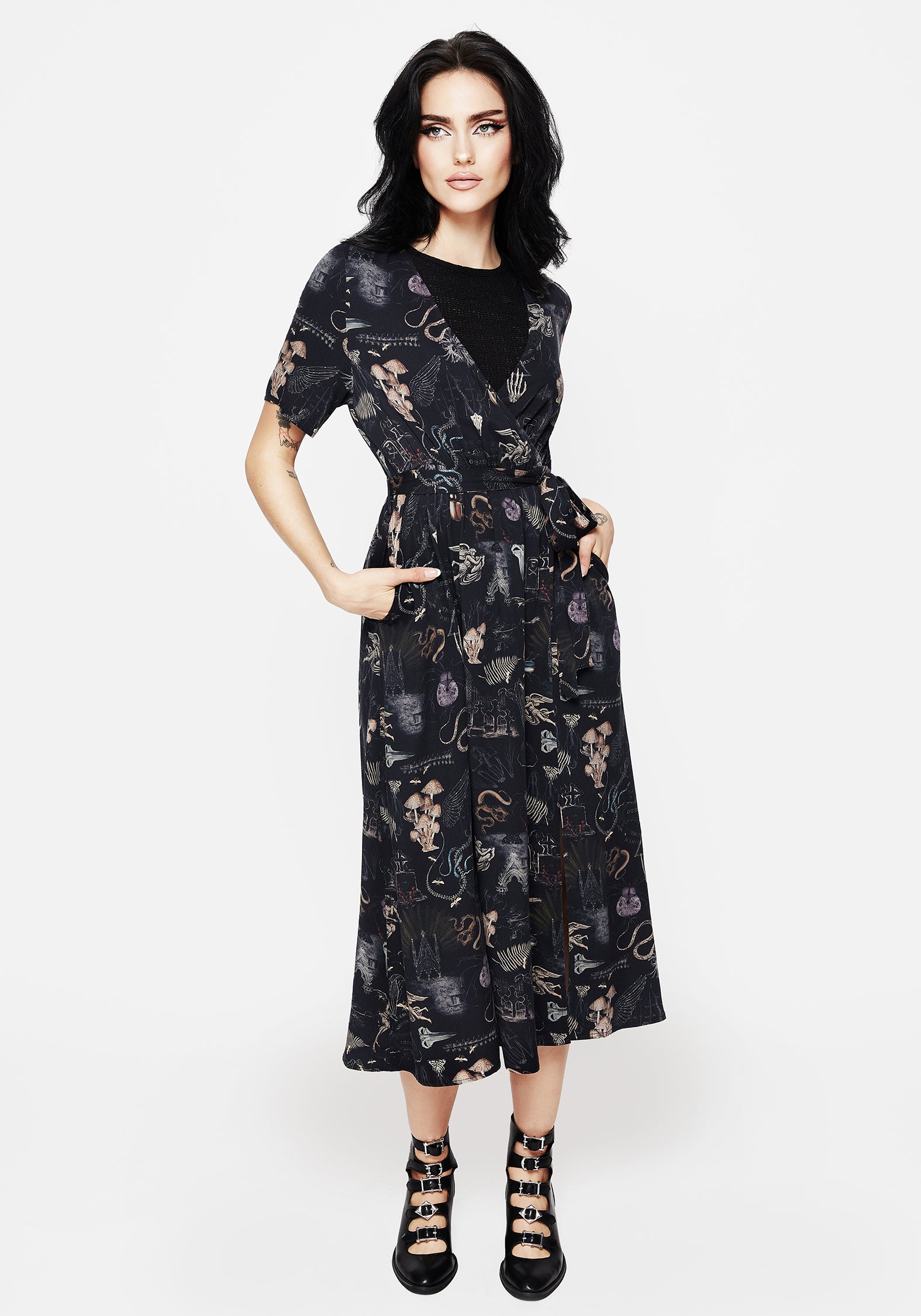 Gothic Victoriana Print Midi Wrap Dress | Eco-Viscose
