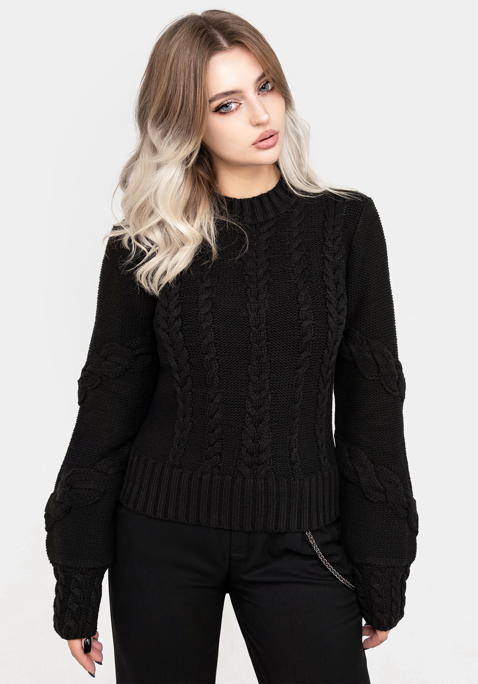 Black Cable Knit Sweater with Mock Neck & Blouson Sleeves | Virda