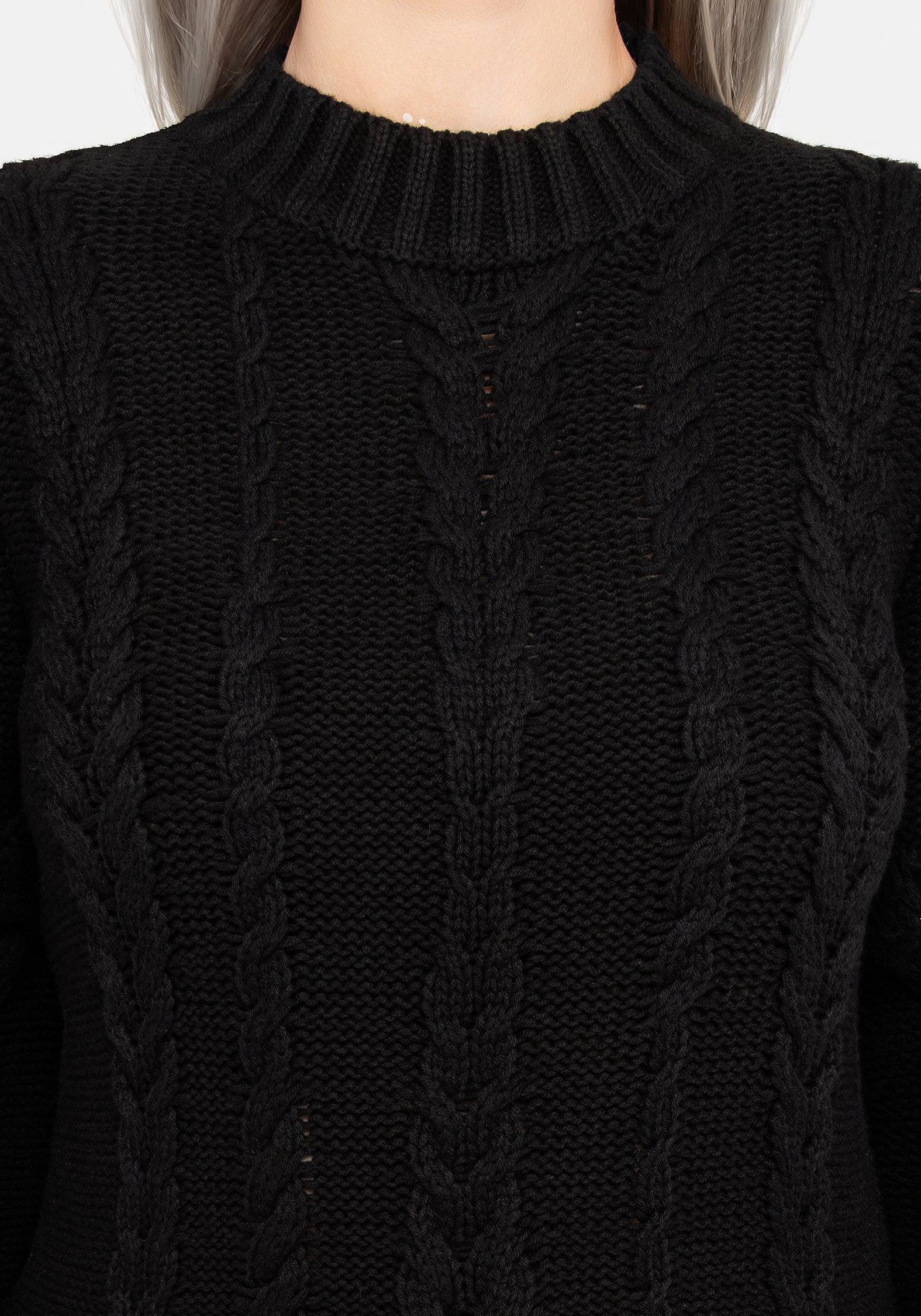 Black Cable Knit Sweater with Mock Neck & Blouson Sleeves | Virda