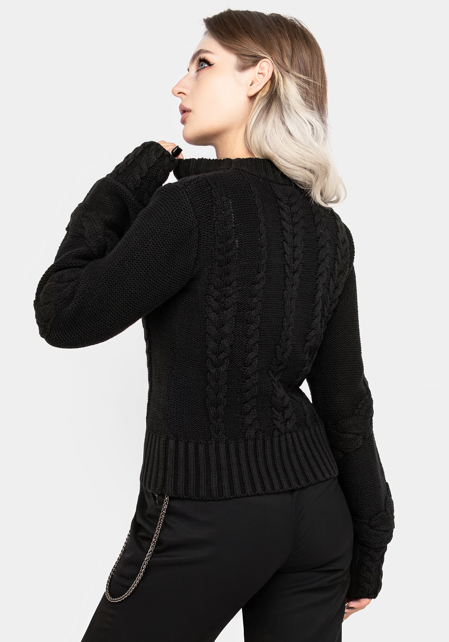 Black Cable Knit Sweater with Mock Neck & Blouson Sleeves | Virda