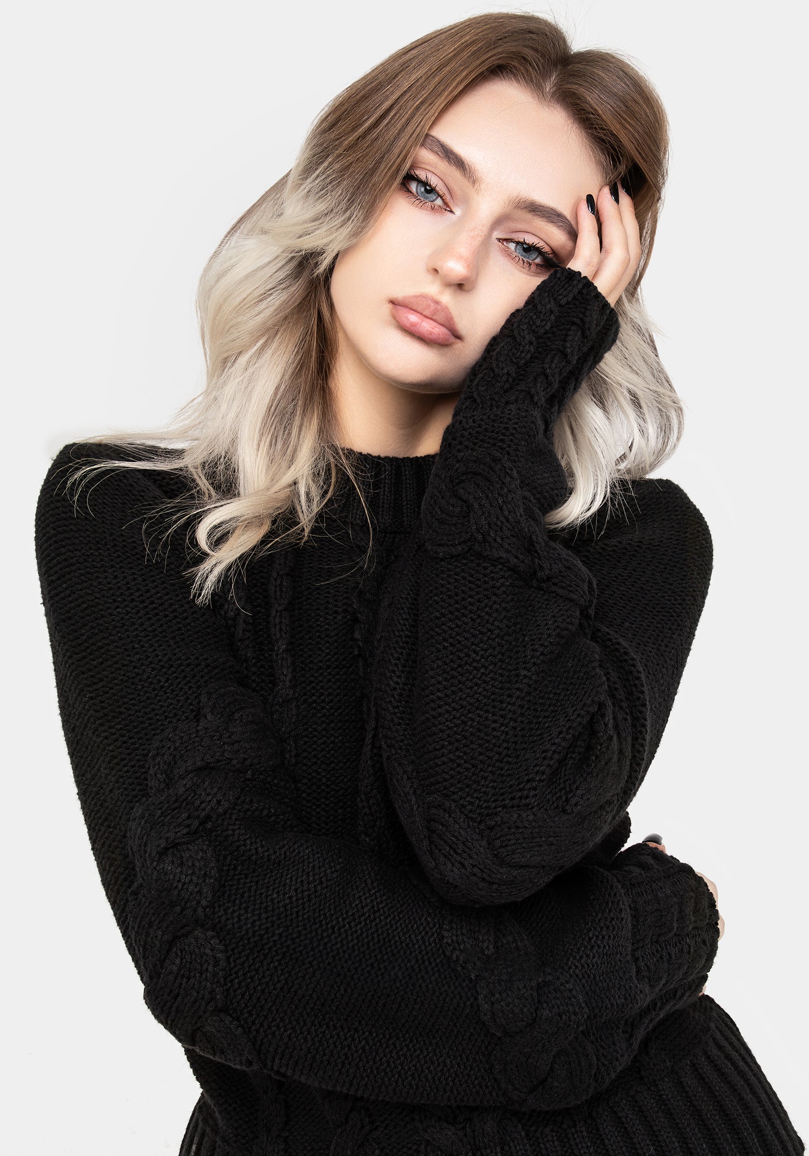 Black Cable Knit Sweater with Mock Neck & Blouson Sleeves | Virda
