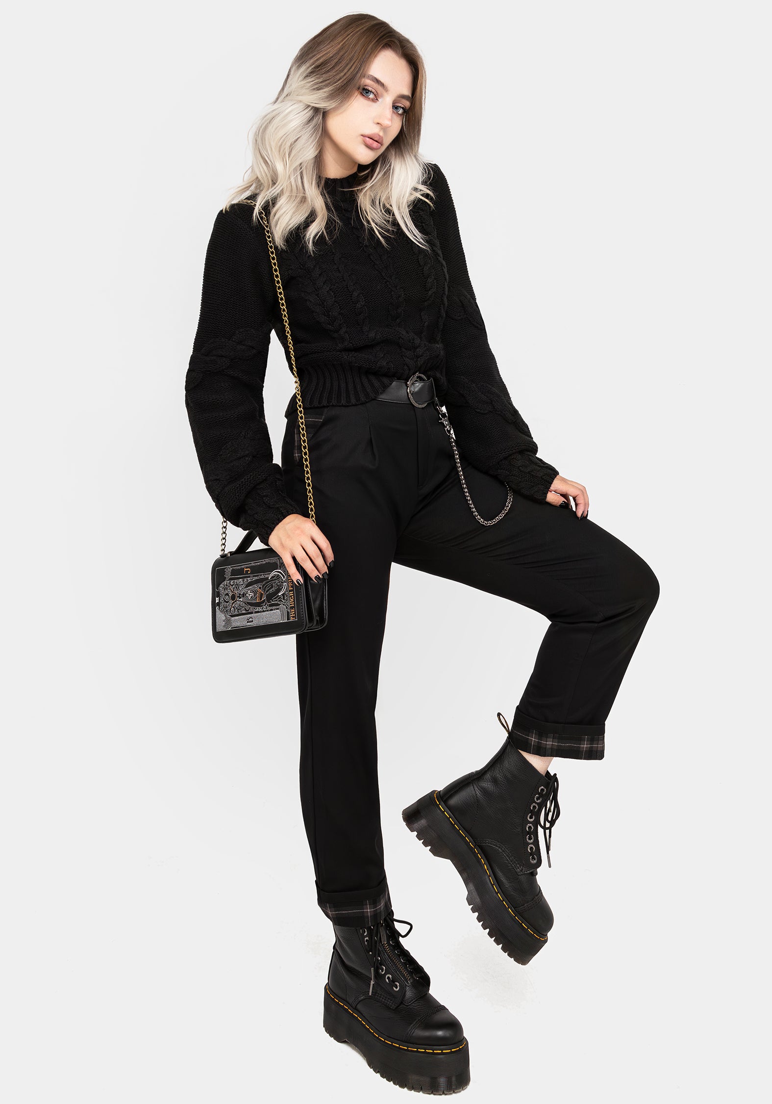 Black Cable Knit Sweater with Mock Neck & Blouson Sleeves | Virda