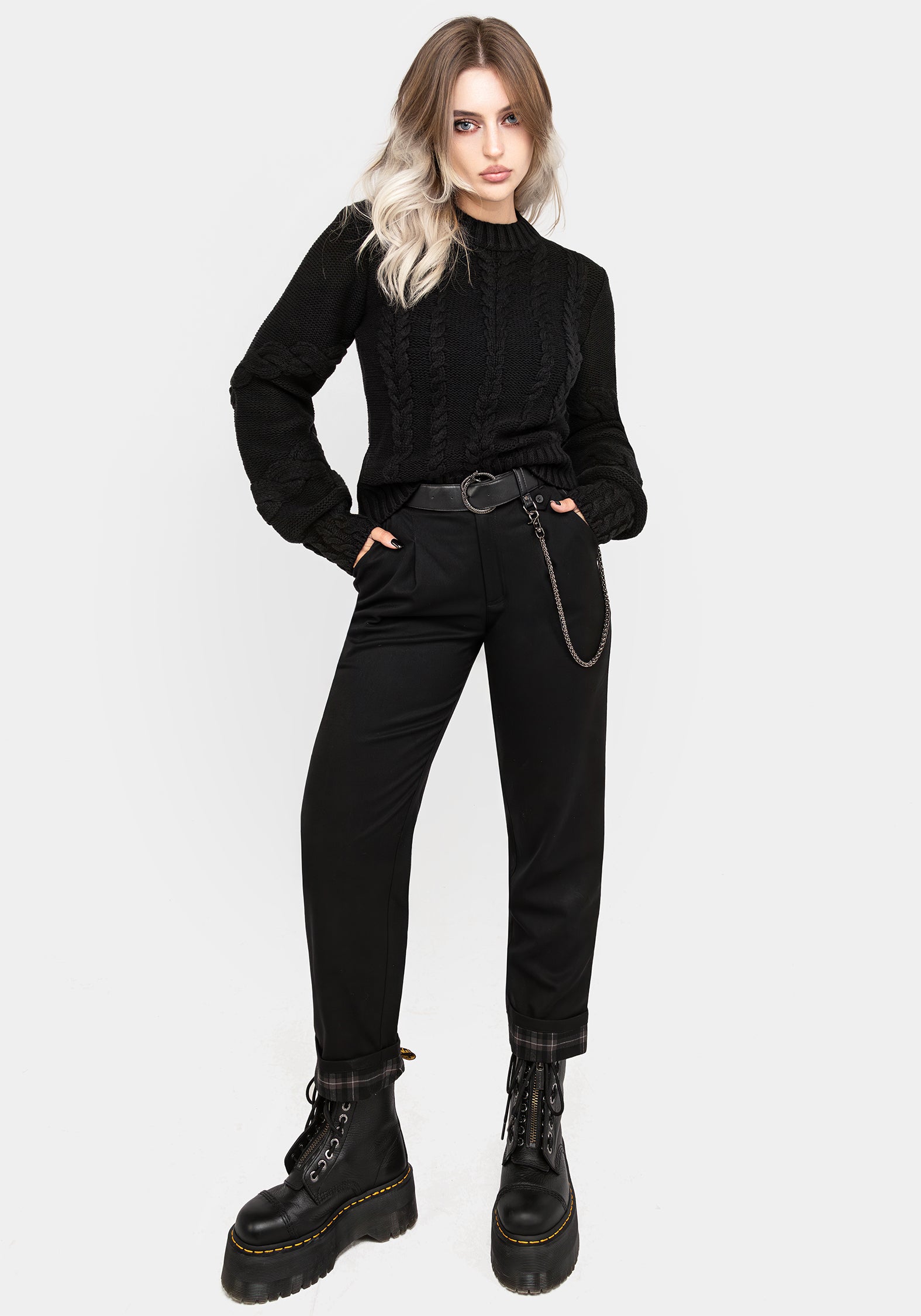 Black Cable Knit Sweater with Mock Neck & Blouson Sleeves | Virda
