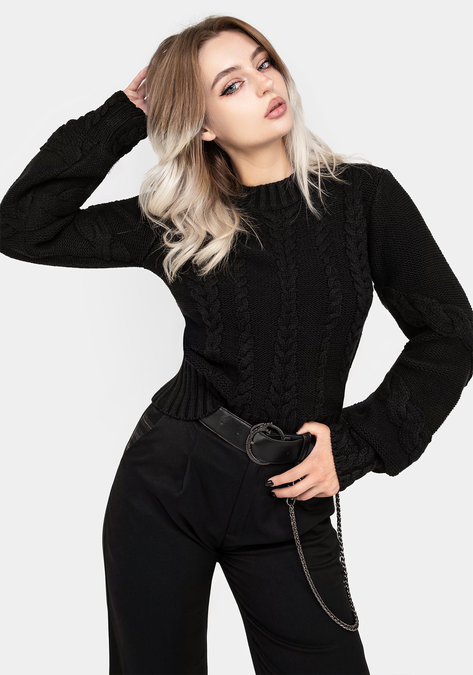 Black Cable Knit Sweater with Mock Neck & Blouson Sleeves | Virda