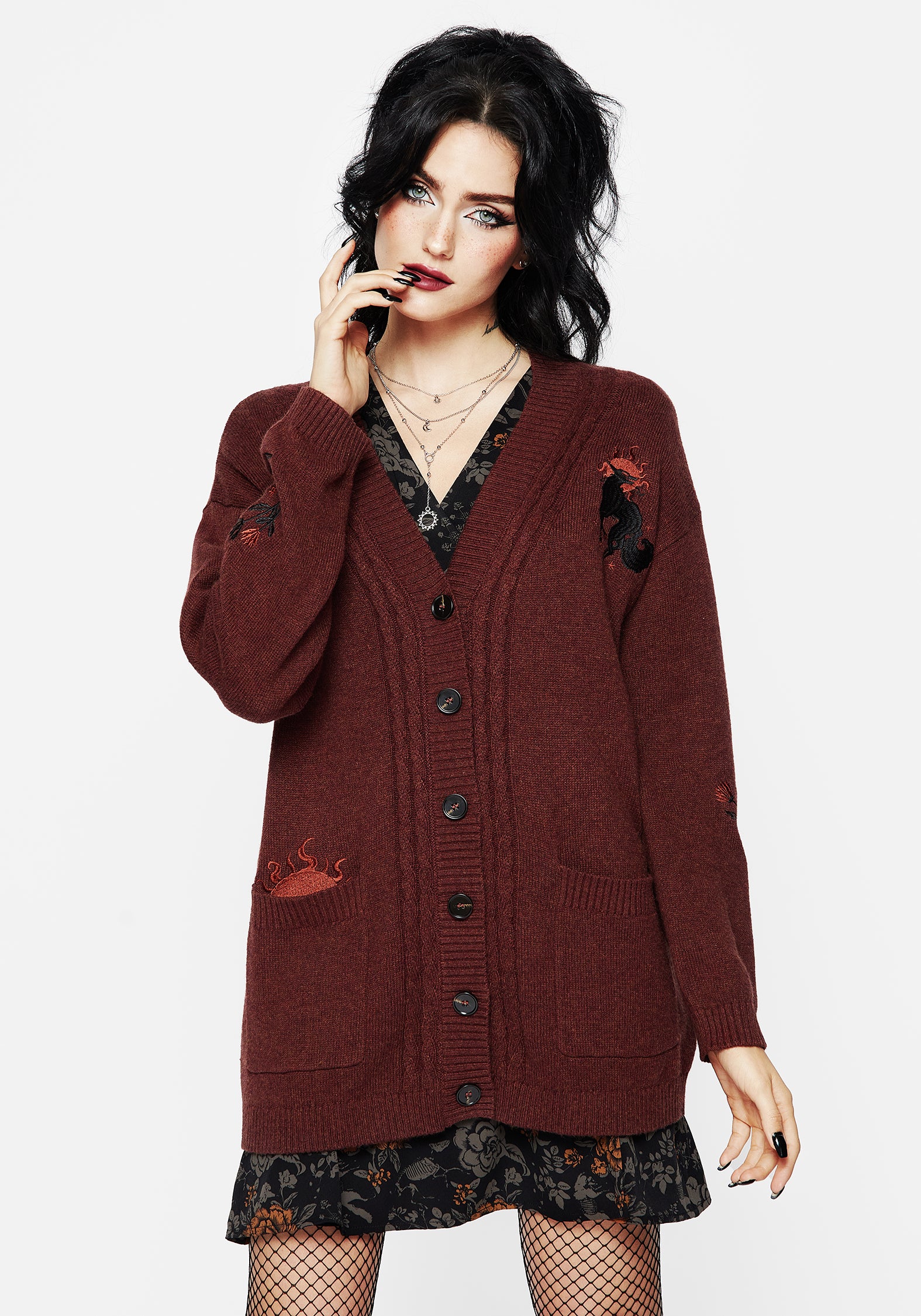 Fox Embroidered Knit Cardigan - Burgundy Red Longline with Pockets