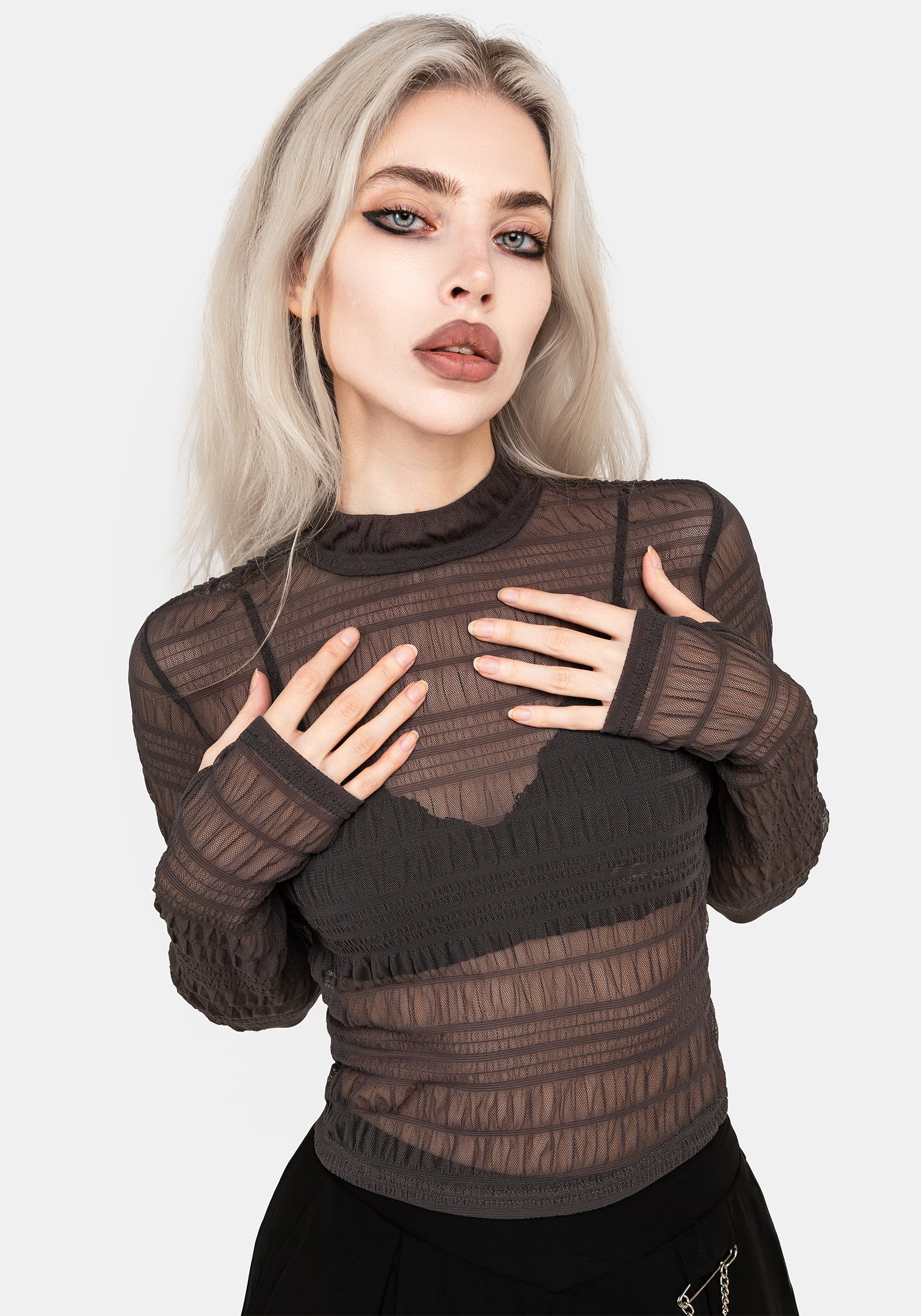 Textured Mesh High Neck Long Sleeve Top | Myra