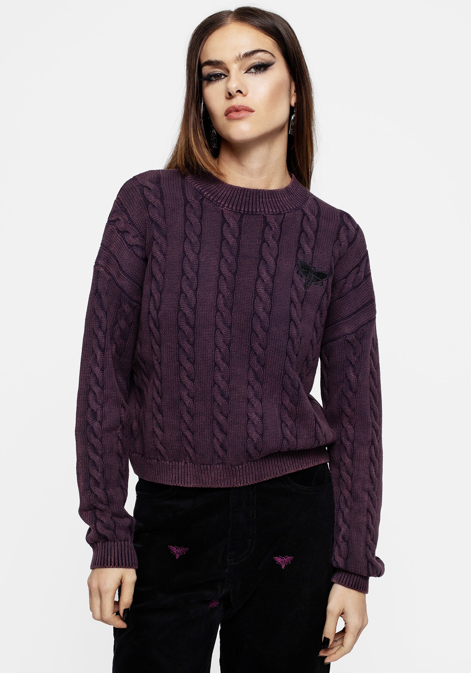 Purple Moth Embroidered Cable Knit Sweater | Styx