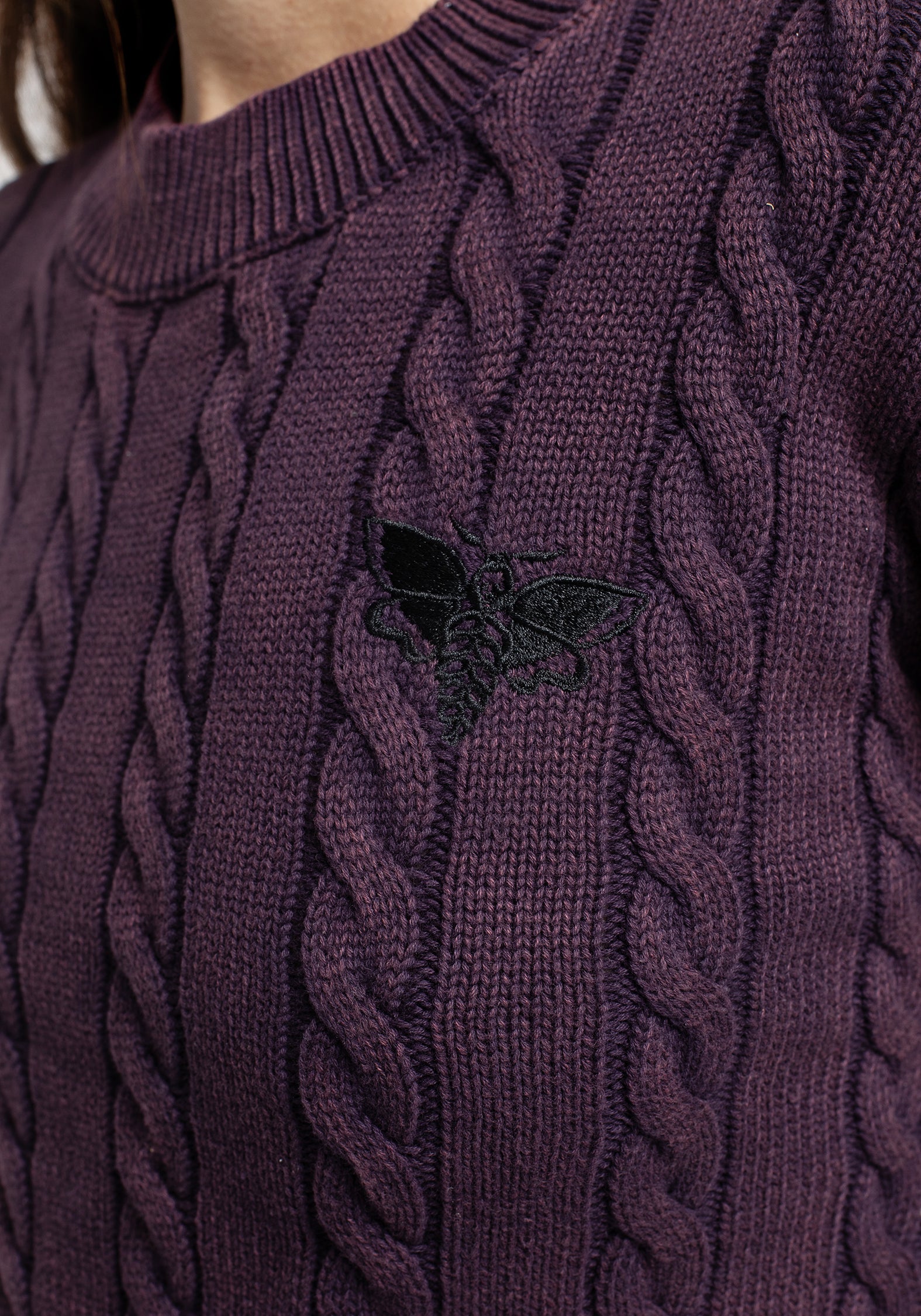 Purple Moth Embroidered Cable Knit Sweater | Styx