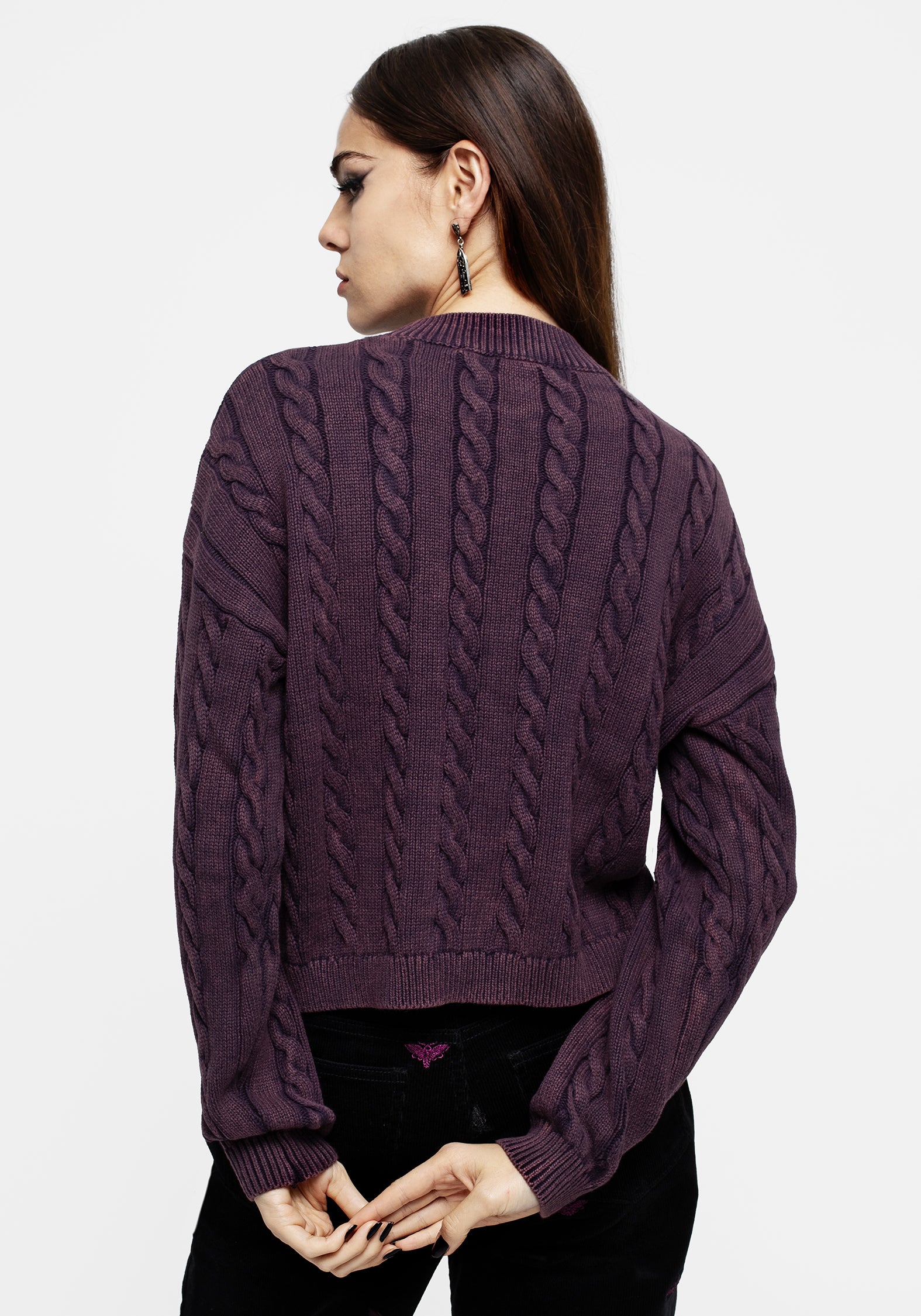 Purple Moth Embroidered Cable Knit Sweater | Styx
