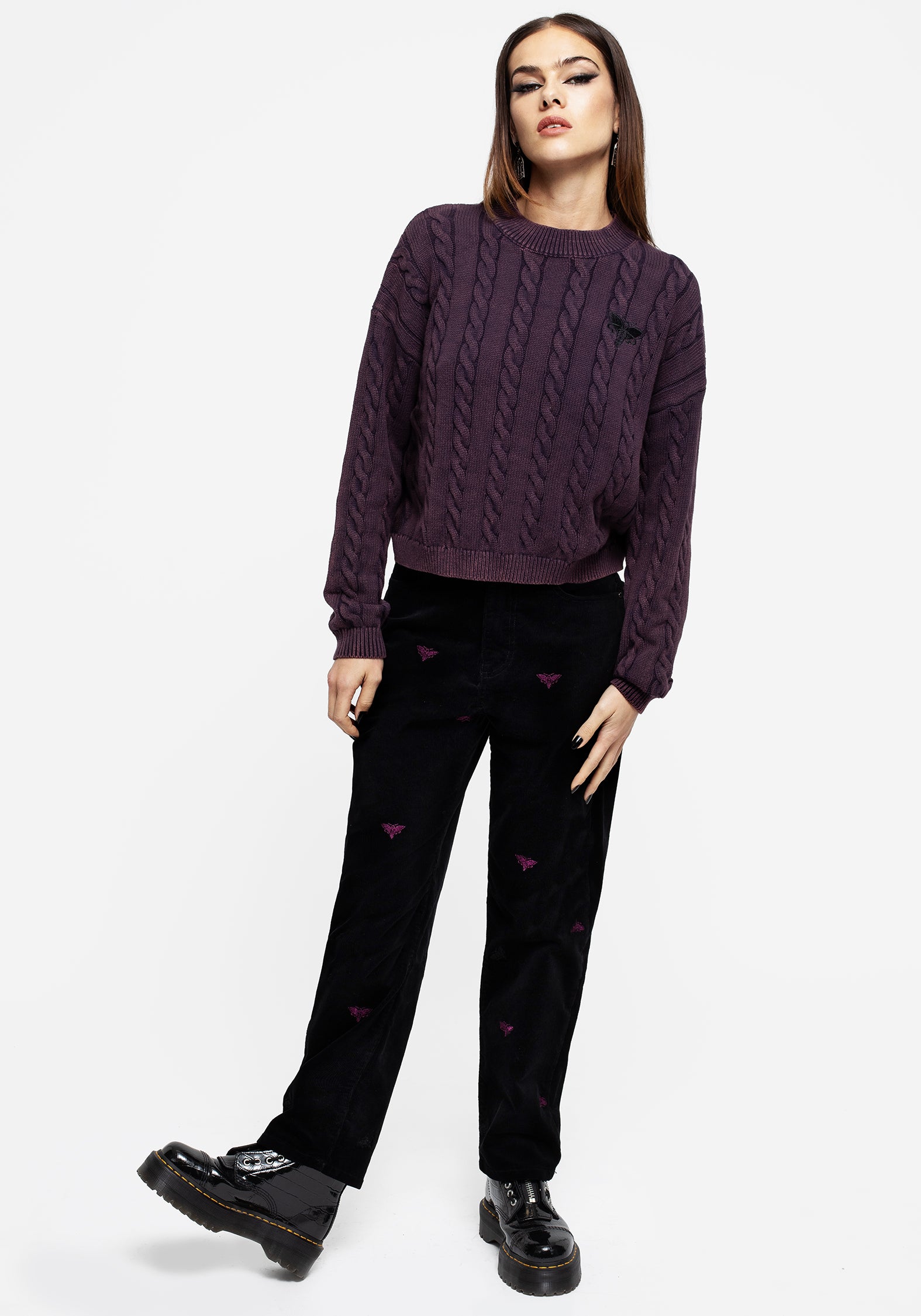 Purple Moth Embroidered Cable Knit Sweater | Styx