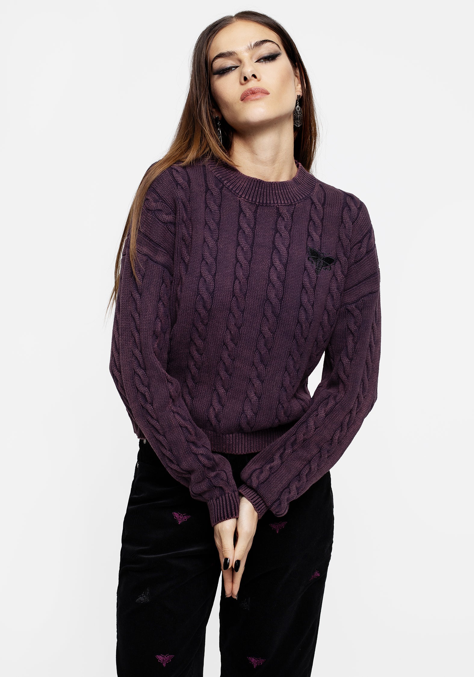 Purple Moth Embroidered Cable Knit Sweater | Styx