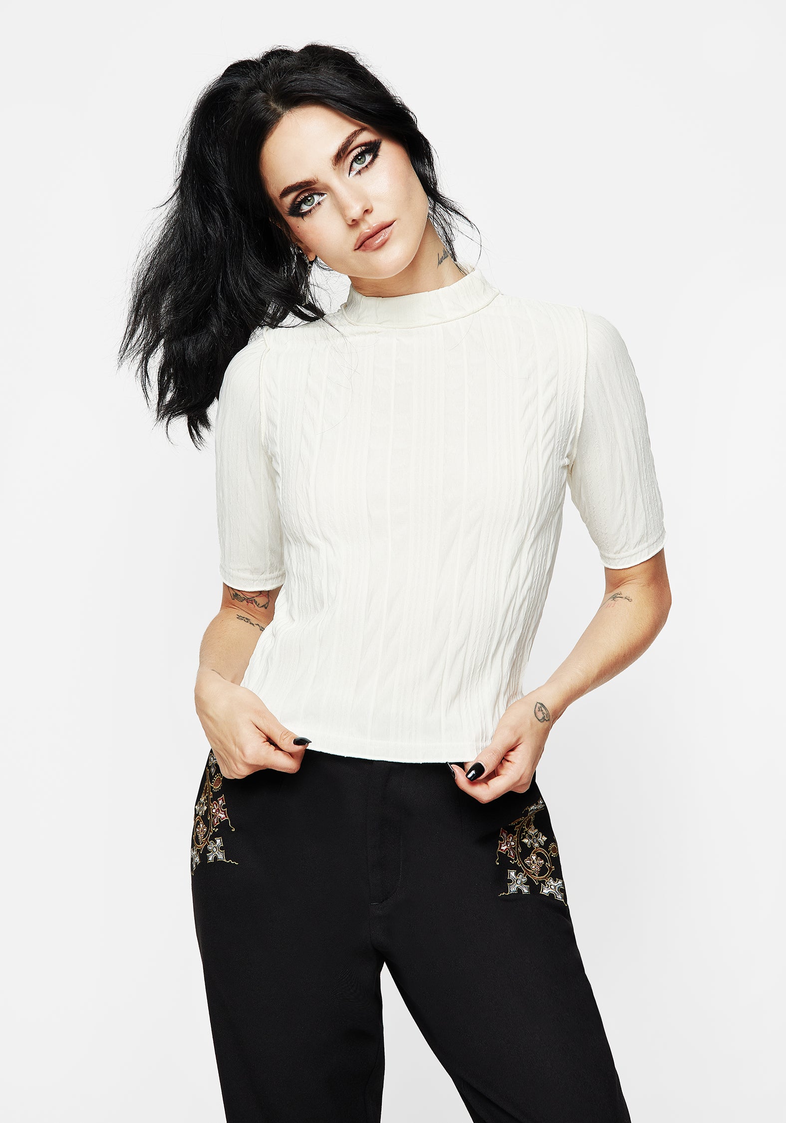 Crinkled Texture Crop Top with Mock Neck | Marsh Lettuce Hem Jersey