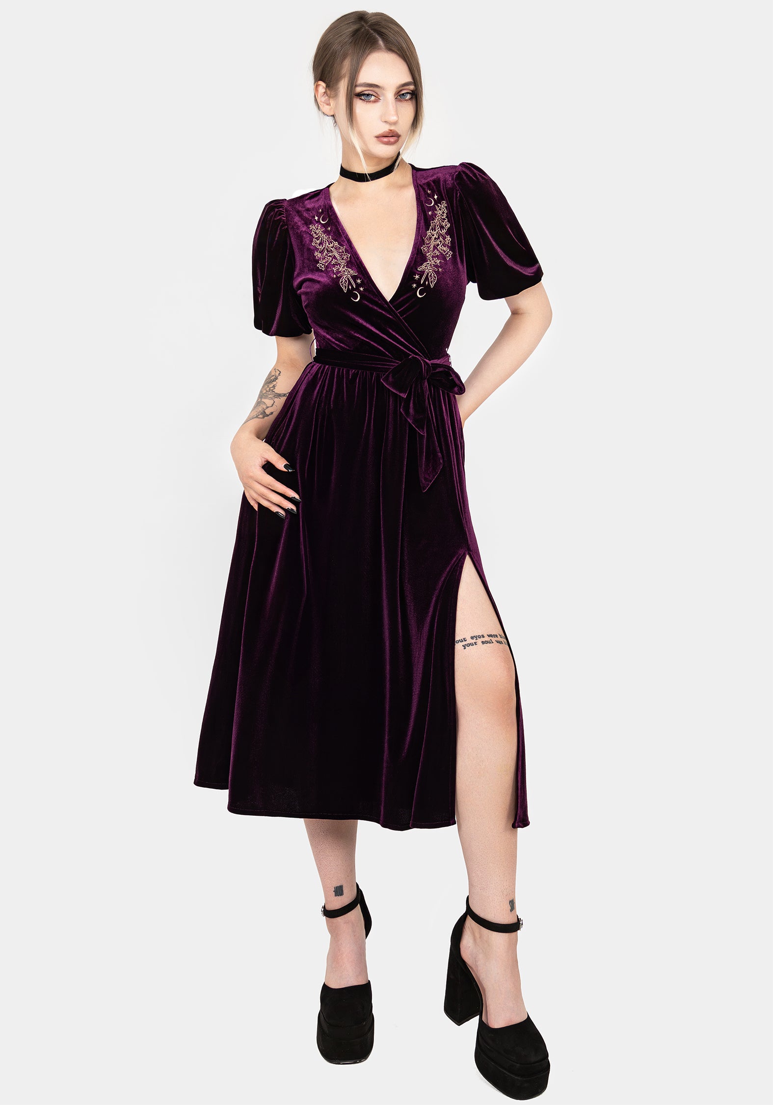 Purple Velvet Wrap Dress with Foxglove Embroidery | Hera Midi Dress