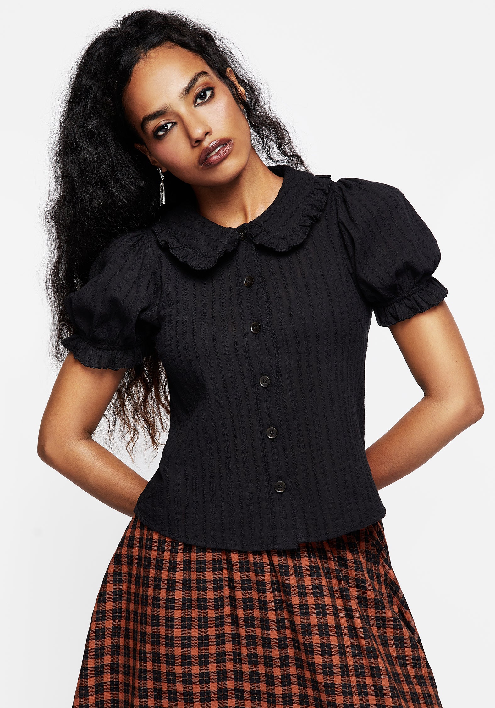 Textured Button-Up Blouse with Frill Collar | Menagerie