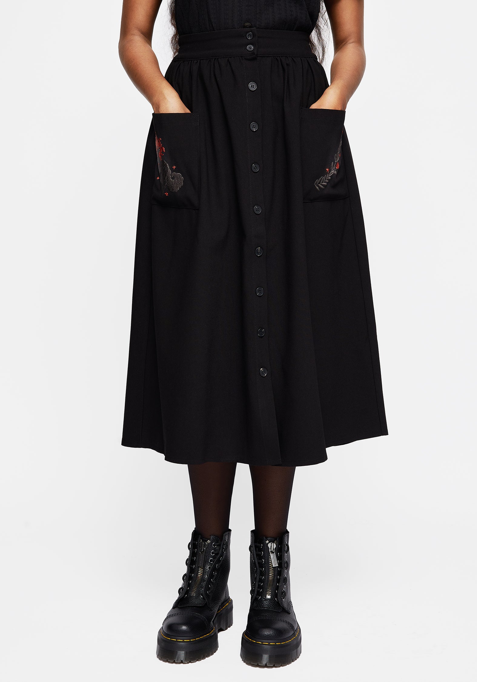 Fox Embroidered Button-Up Midi Skirt with Pockets | Foxfire