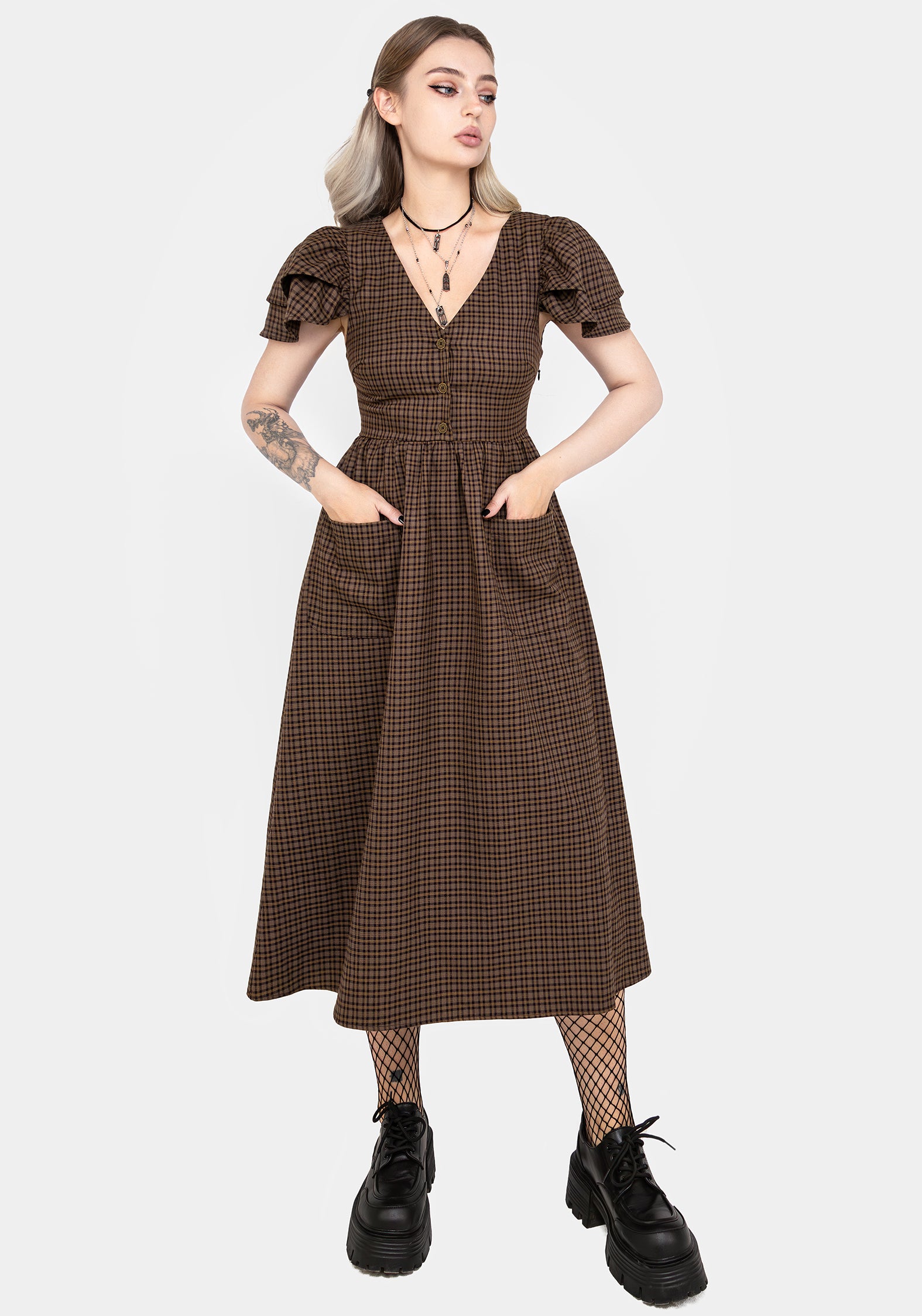 Brown Check Button-Up Midi Dress with Pockets | Sweetspire