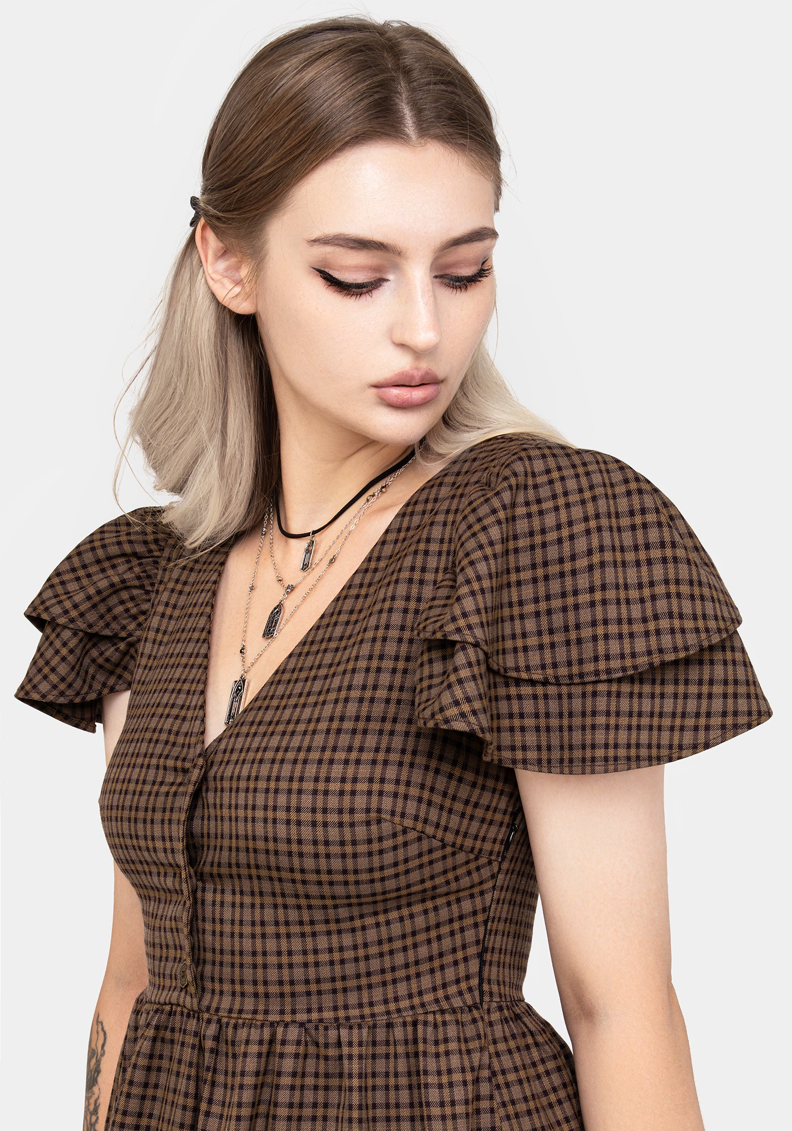 Brown Check Button-Up Midi Dress with Pockets | Sweetspire
