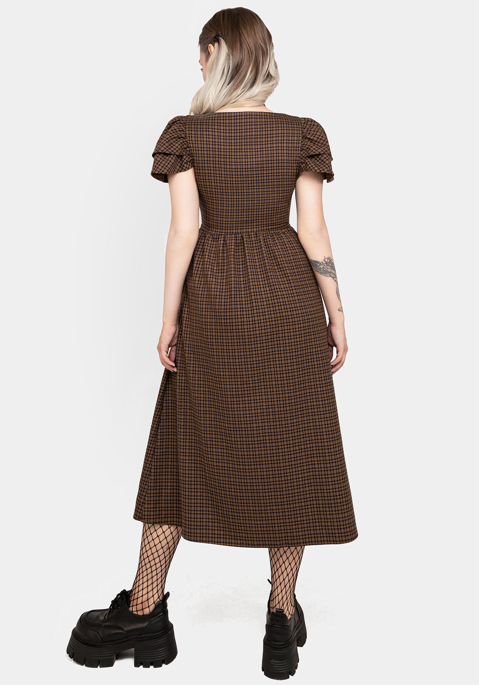 Brown Check Button-Up Midi Dress with Pockets | Sweetspire
