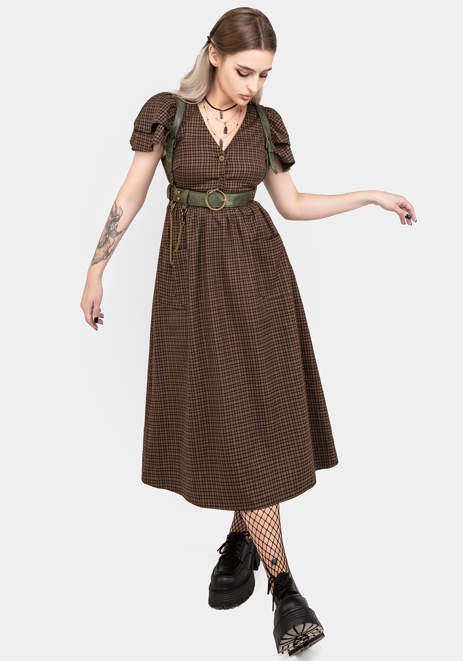 Brown Check Button-Up Midi Dress with Pockets | Sweetspire